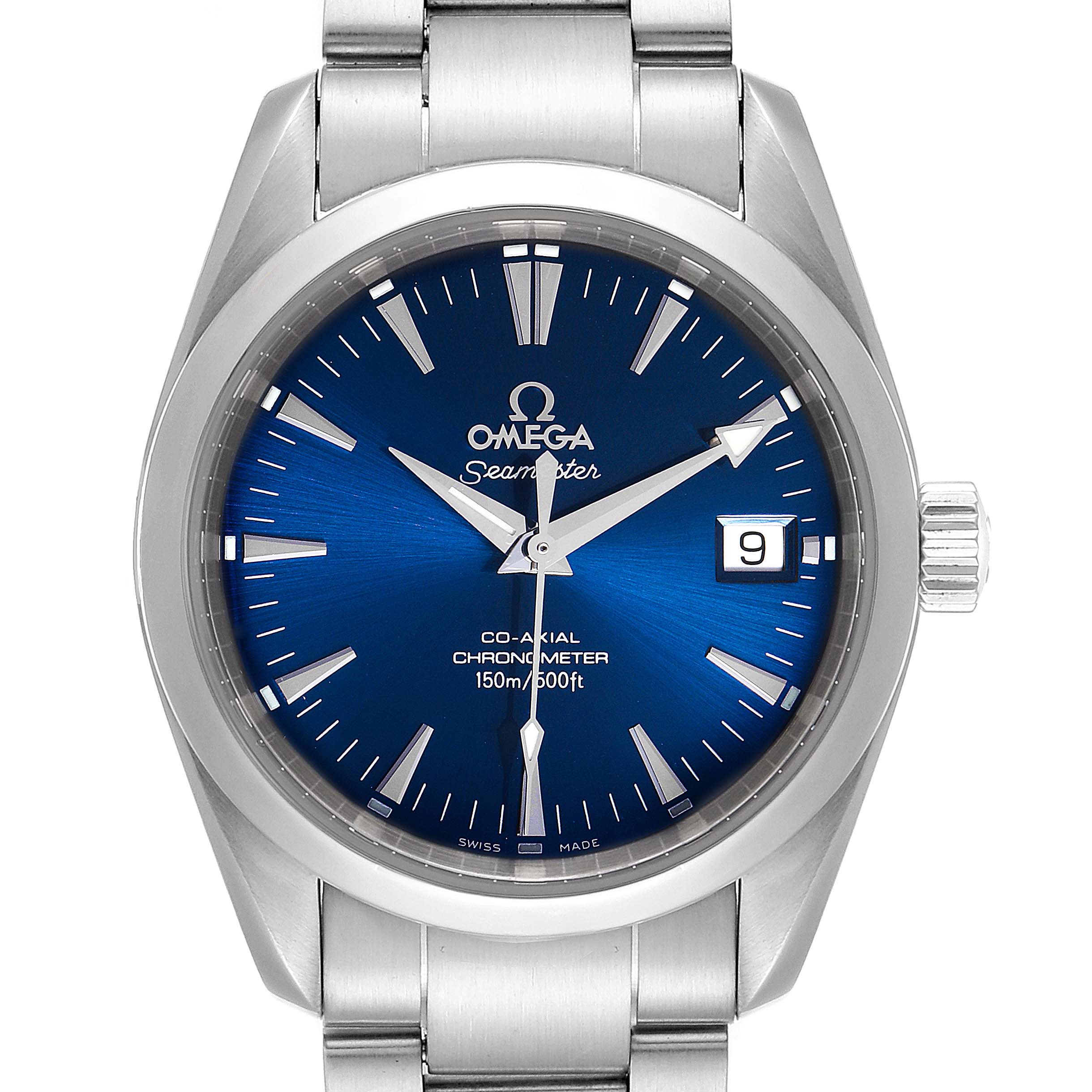 The image shows a front view of the Omega Aqua Terra 2504.80.00 Men
s Stainless Steel Blue Dial 2504.80.00 Men
s Stainless Steel Blue Dial watch, displaying its blue dial, hands, date window, and bracelet.