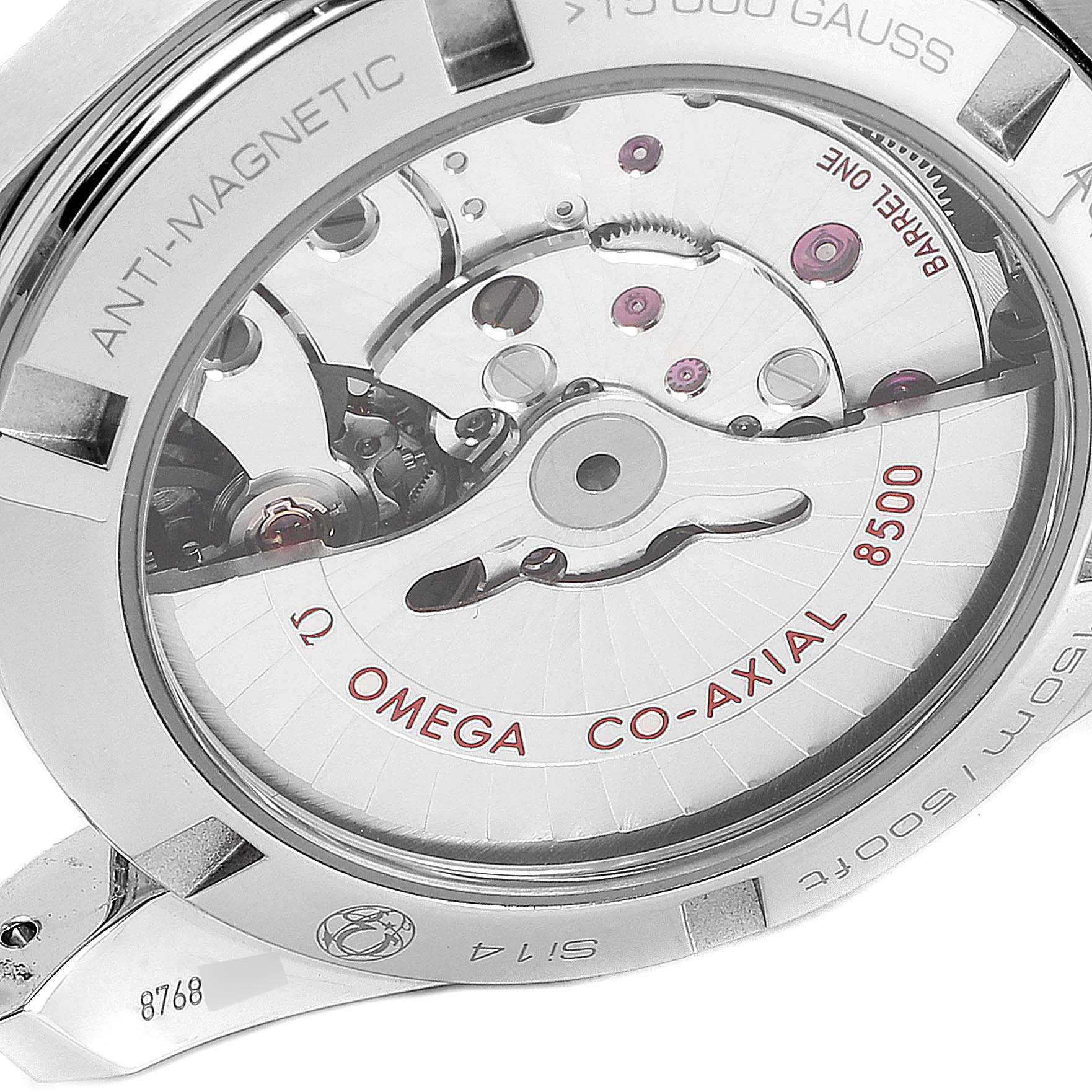 This image shows the open case back angle of the Omega Aqua Terra 231.10.39.21.03.002 Men
s Stainless Steel Blue Dial 231.10.39.21.03.002 Men
s Stainless Steel Blue Dial watch, revealing its Co-Axial 8500 movement.