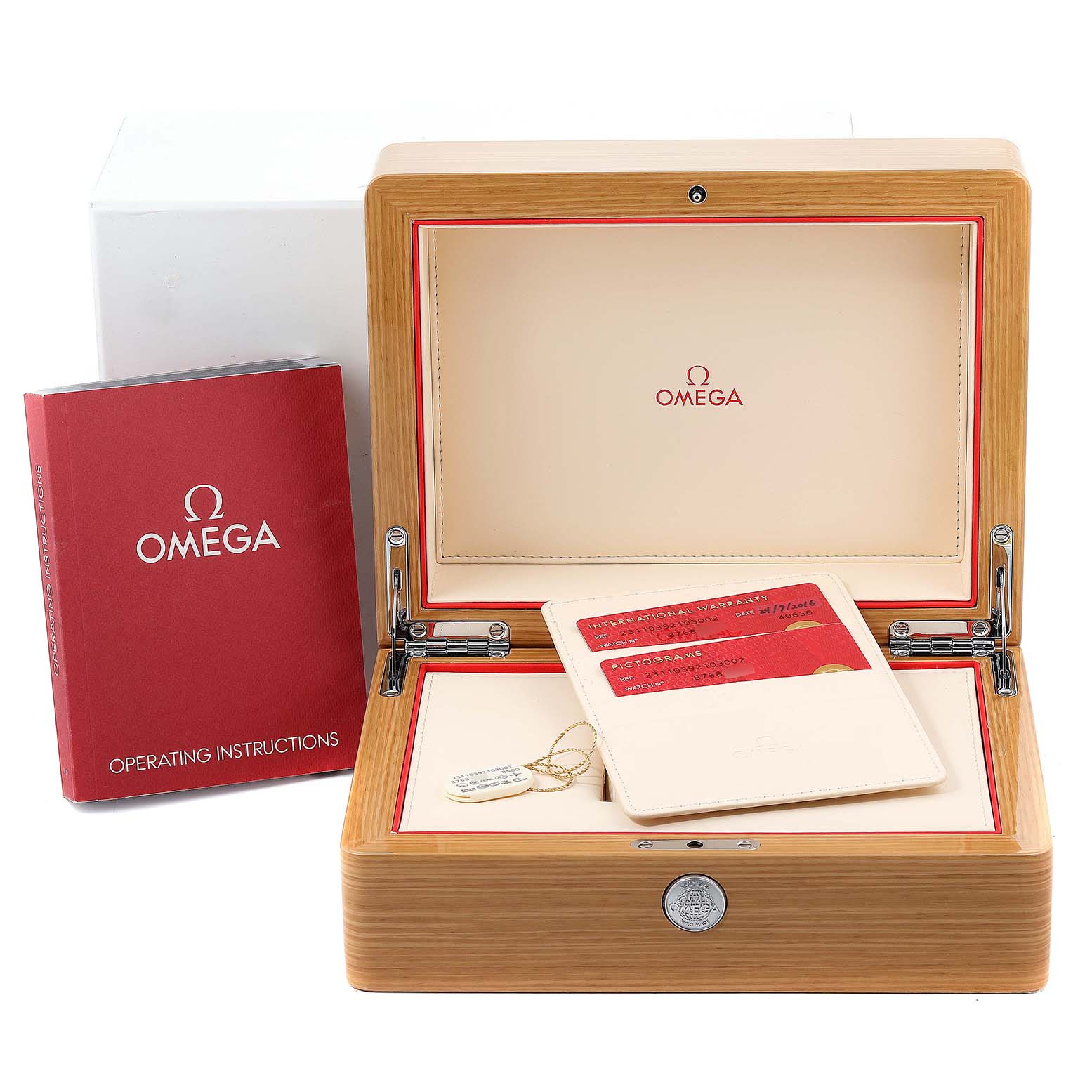 The image shows the open box, operating instructions, and warranty card for an Omega Aqua Terra 231.10.39.21.03.002 Men
s Stainless Steel Blue Dial 231.10.39.21.03.002 Men
s Stainless Steel Blue Dial watch.