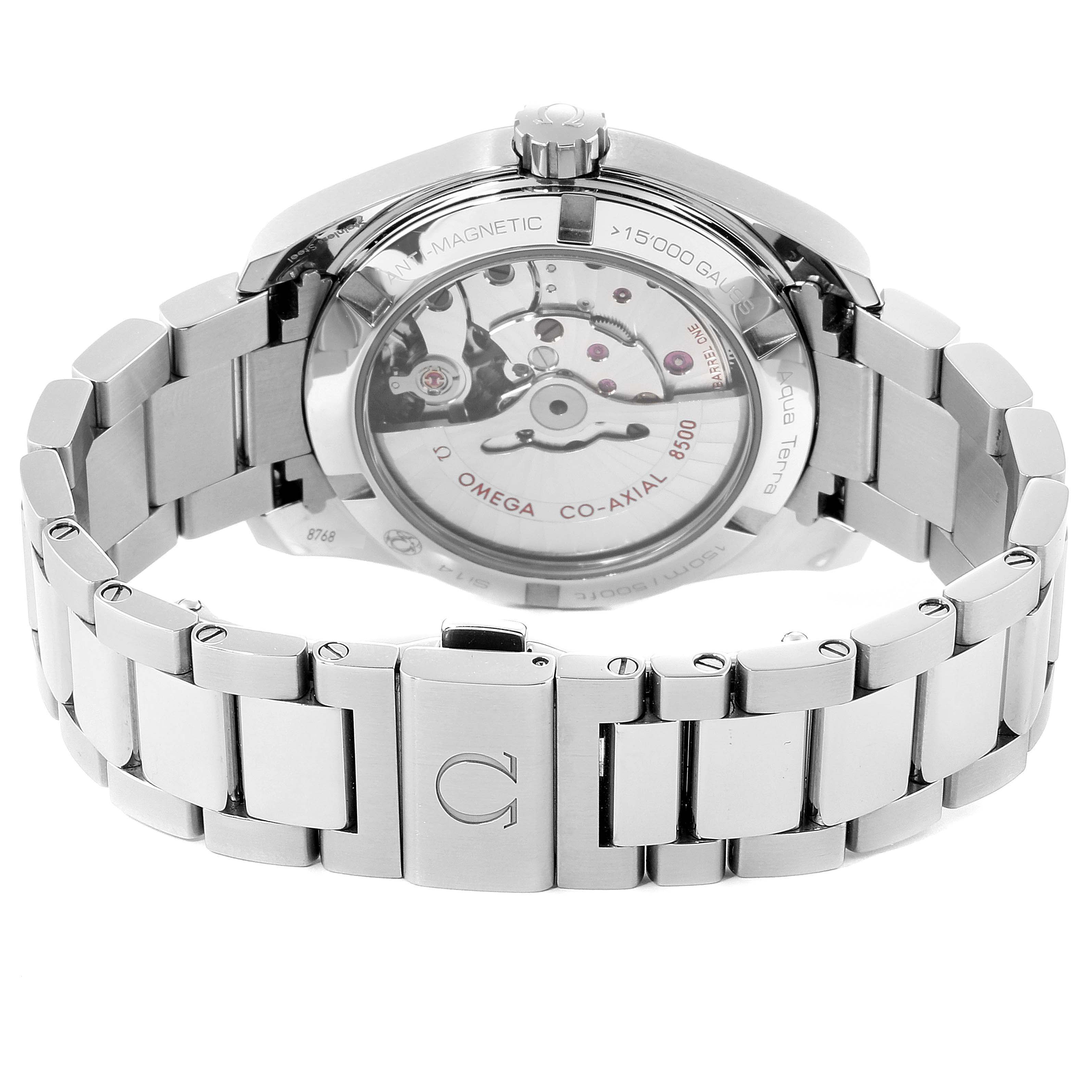 This image shows the back view of the Omega Aqua Terra 231.10.39.21.03.002 Men
s Stainless Steel Blue Dial 231.10.39.21.03.002 Men
s Stainless Steel Blue Dial watch, highlighting its open caseback and bracelet.