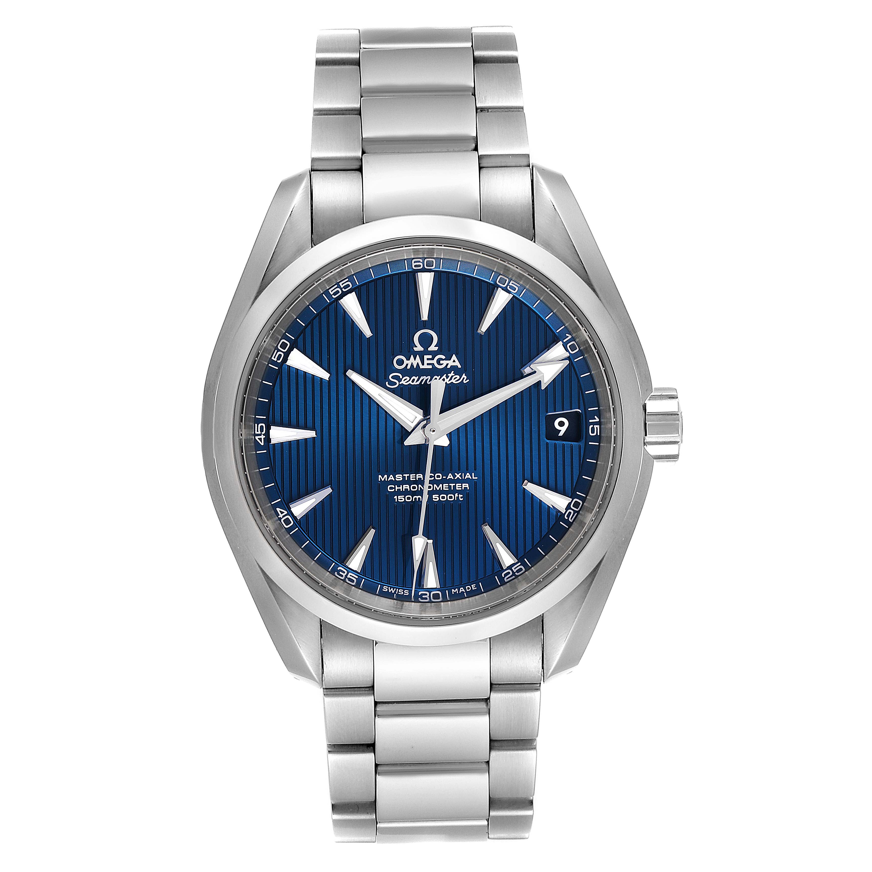 The Omega Aqua Terra 231.10.39.21.03.002 Men
s Stainless Steel Blue Dial 231.10.39.21.03.002 Men
s Stainless Steel Blue Dial watch is shown from a front angle, highlighting its face, dial, hands, date feature, and metal bracelet.