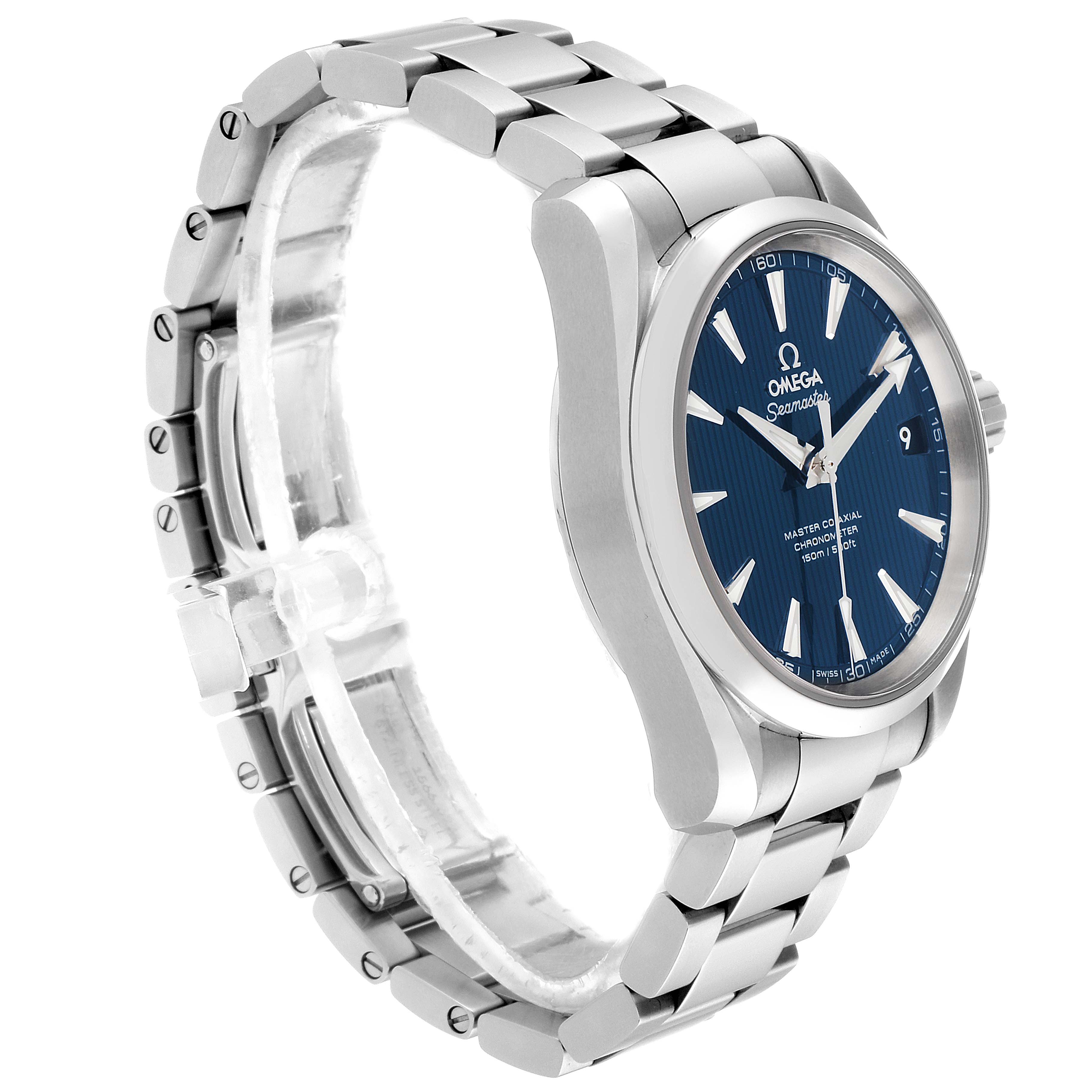 The Omega Aqua Terra 231.10.39.21.03.002 Men
s Stainless Steel Blue Dial 231.10.39.21.03.002 Men
s Stainless Steel Blue Dial watch is shown at a three-quarter angle, highlighting the bracelet, case, and face with a blue dial.