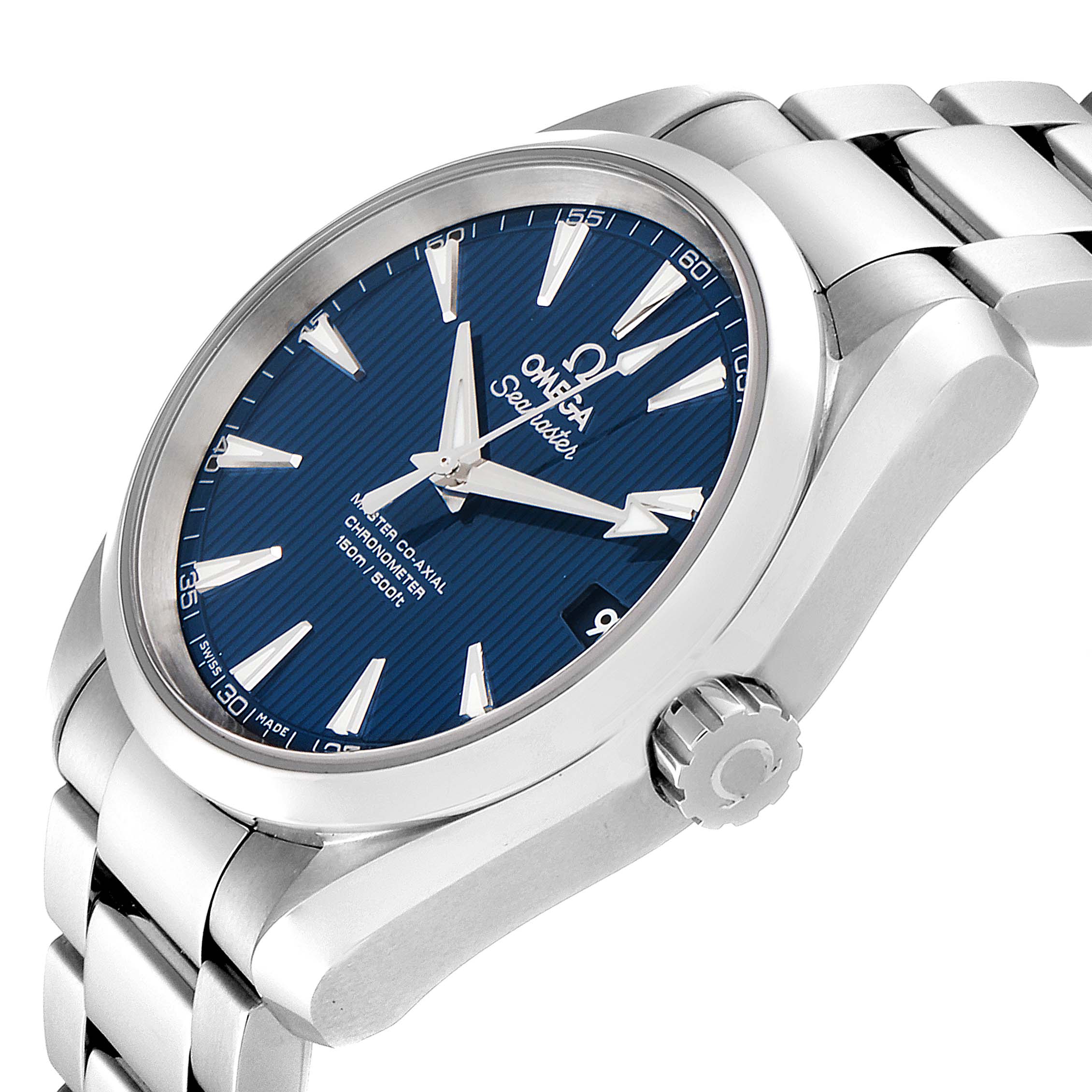 The image shows the Omega Aqua Terra 231.10.39.21.03.002 Men
s Stainless Steel Blue Dial 231.10.39.21.03.002 Men
s Stainless Steel Blue Dial watch at a slight angle, highlighting the blue dial, bracelet, and crown.