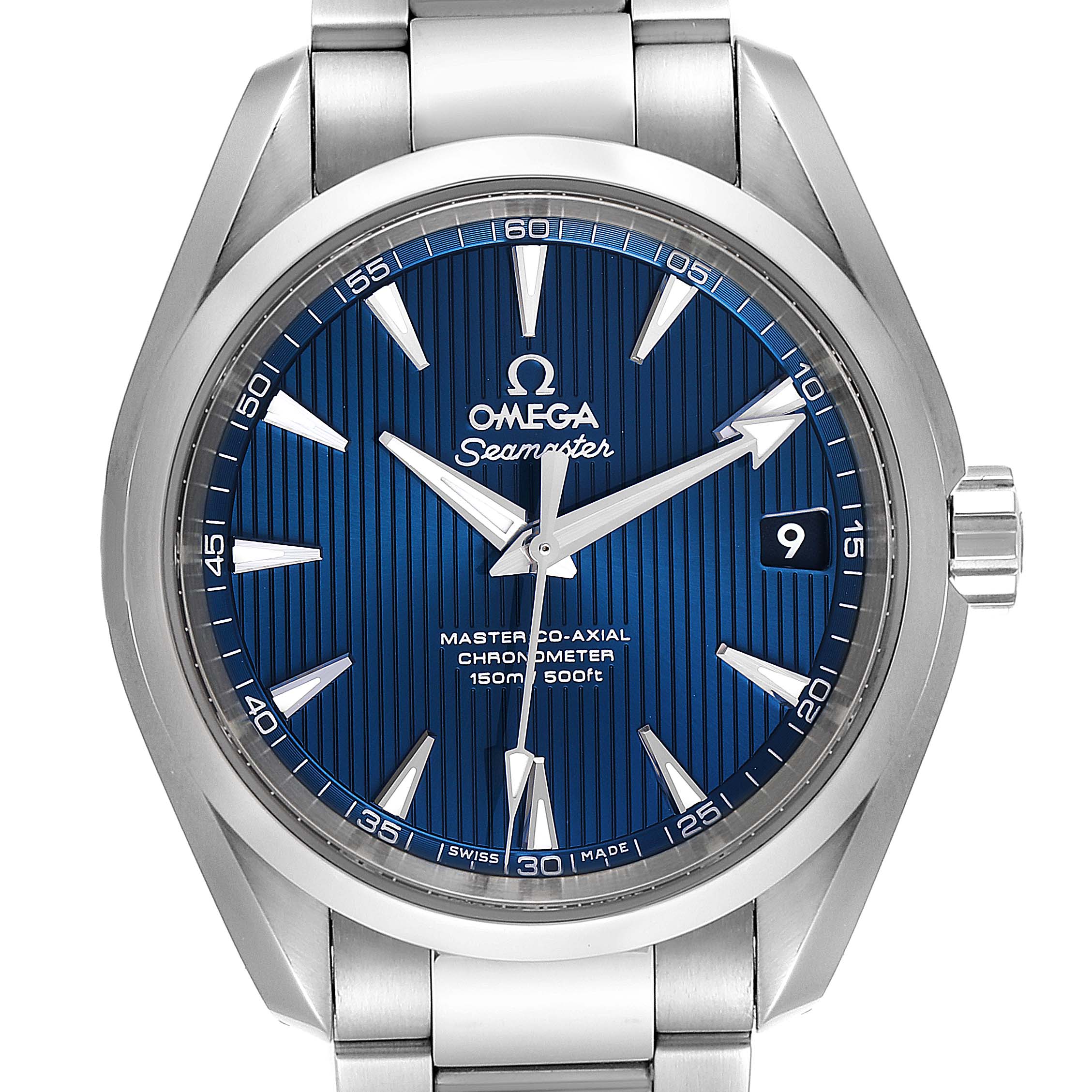 This image shows a frontal view of the Omega Aqua Terra 231.10.39.21.03.002 Men
s Stainless Steel Blue Dial 231.10.39.21.03.002 Men
s Stainless Steel Blue Dial watch, highlighting its blue dial and stainless steel case and bracelet.