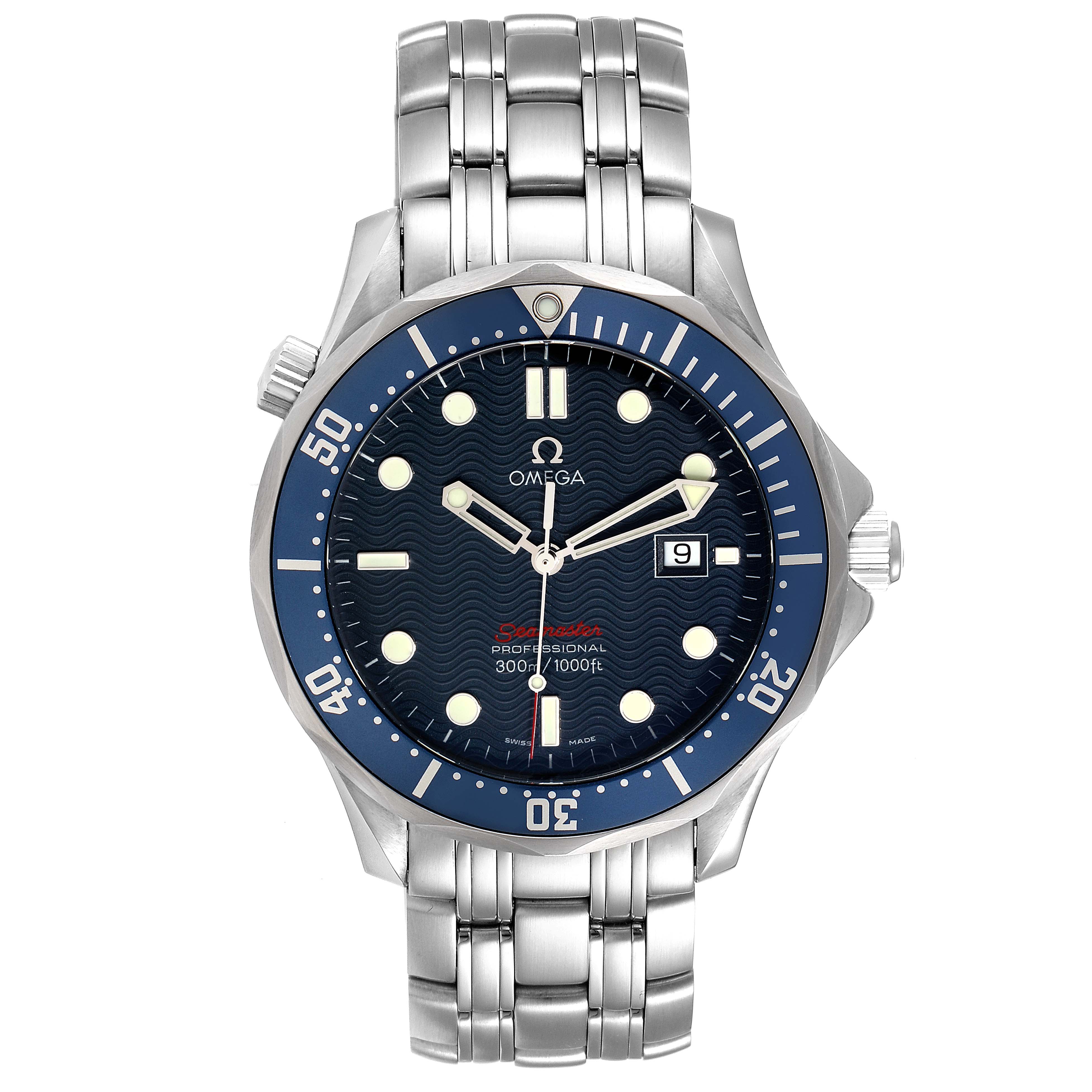 The image shows a front view of an Omega Seamaster 2221.80.00 Men's Stainless Steel Blue Dial 2221.80.00 Men's Stainless Steel Blue Dial watch displaying the face, hands, bezel, and stainless steel bracelet.