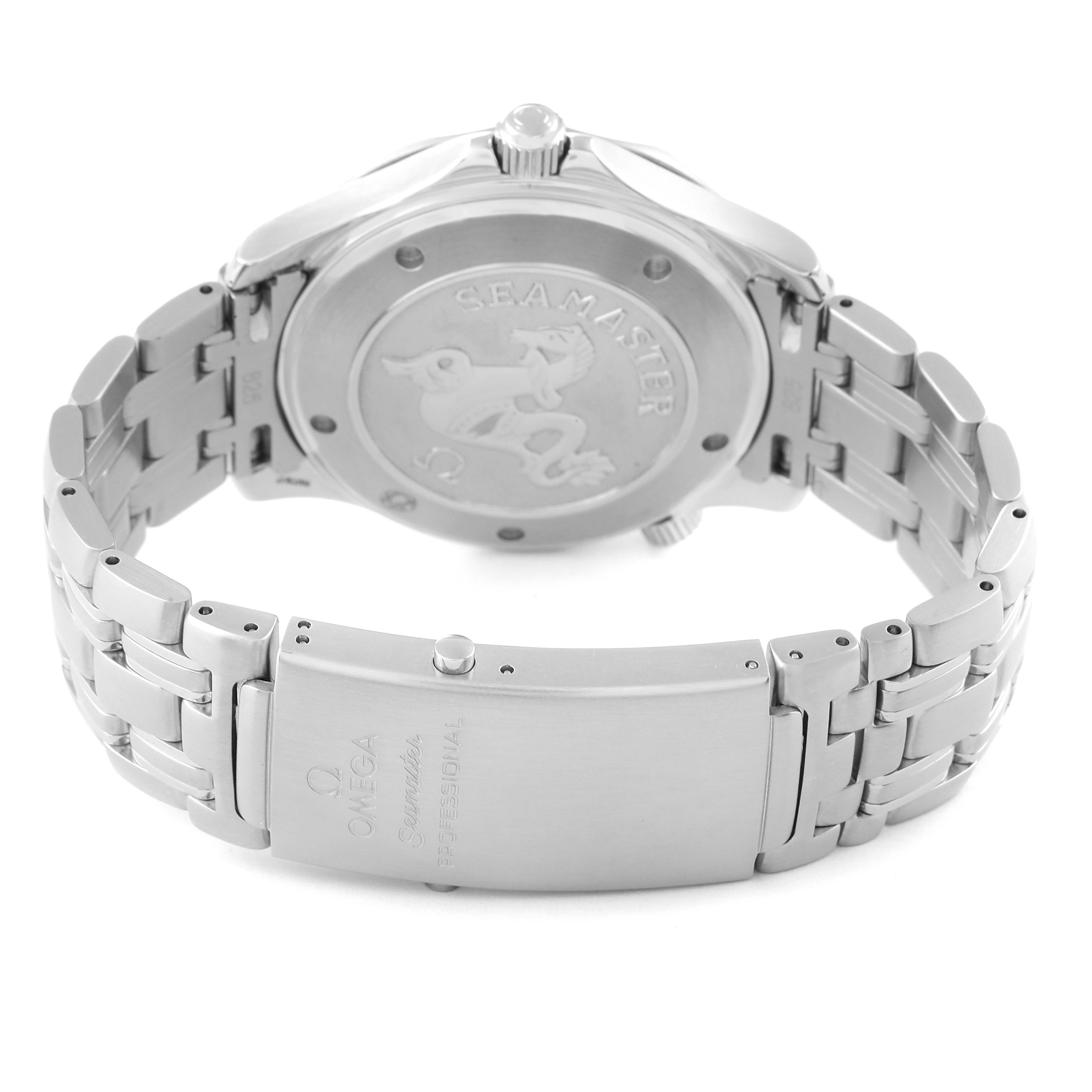 The image shows the back view of an Omega Seamaster 2221.80.00 Men's Stainless Steel Blue Dial 2221.80.00 Men's Stainless Steel Blue Dial watch, highlighting the case back and metal bracelet with clasp.