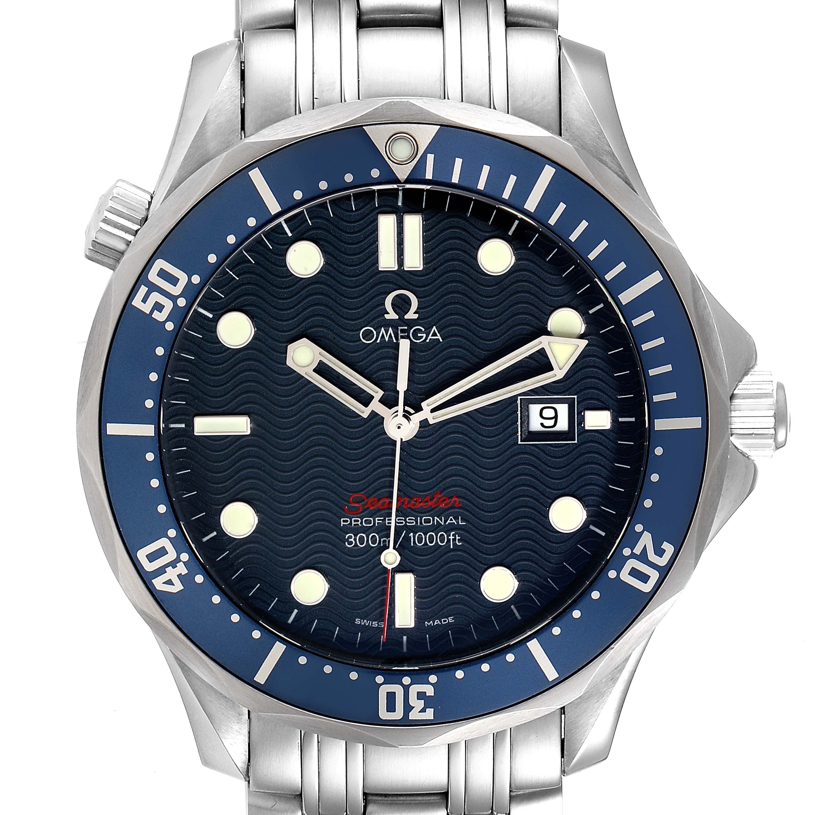 The image shows a front view of the Omega Seamaster 2221.80.00 Men's Stainless Steel Blue Dial 2221.80.00 Men's Stainless Steel Blue Dial watch, highlighting the bezel, dial, hands, date window, and part of the metal bracelet.