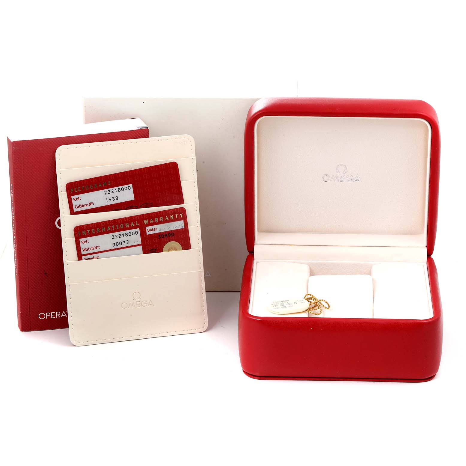 The image shows the red Omega Seamaster 2221.80.00 Men's Stainless Steel Blue Dial 2221.80.00 Men's Stainless Steel Blue Dial watch box, warranty cards, and cardholder.