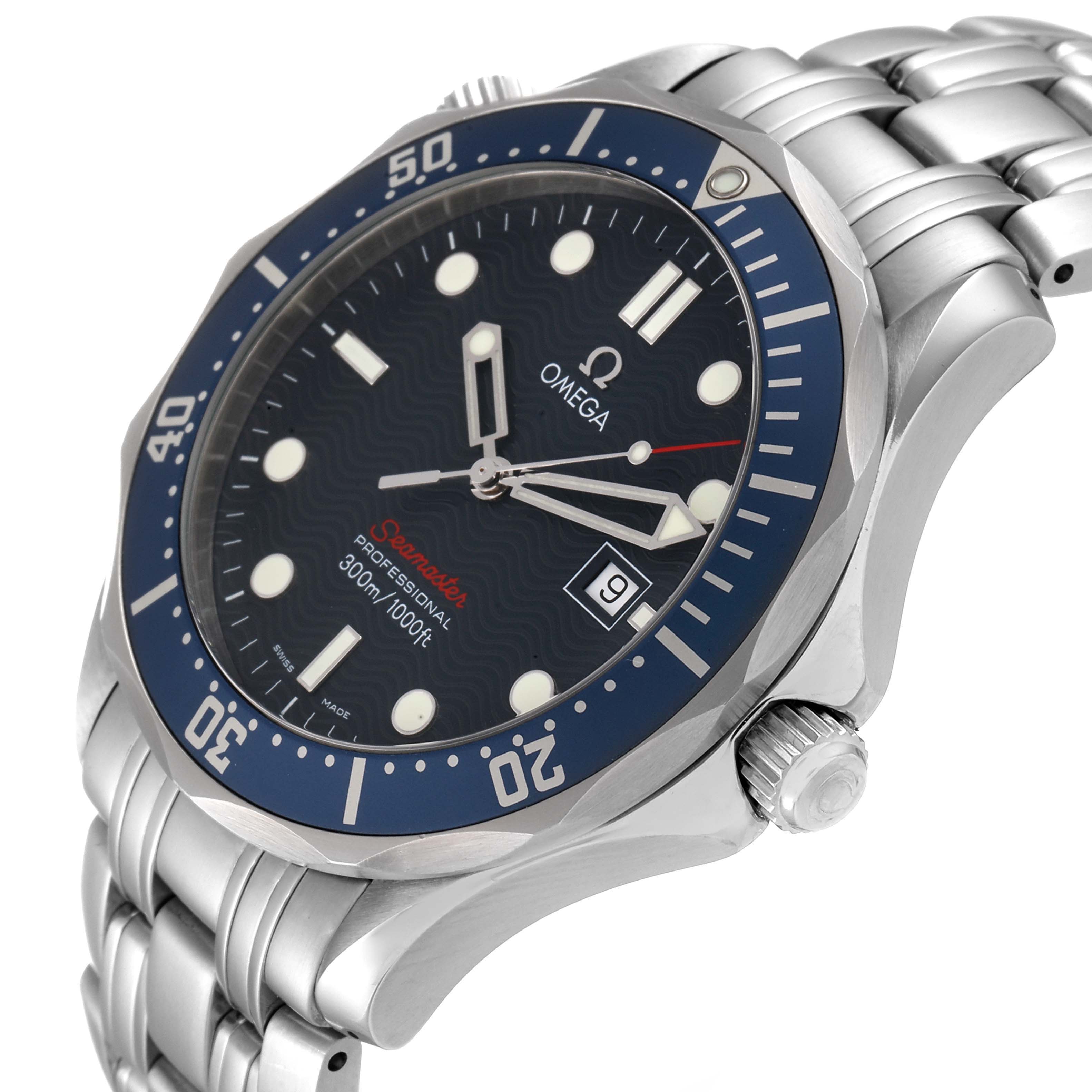 The image shows a close-up of an Omega Seamaster 2221.80.00 Men's Stainless Steel Blue Dial 2221.80.00 Men's Stainless Steel Blue Dial watch, highlighting the bezel, dial, bracelet, and crown from a slight side angle.