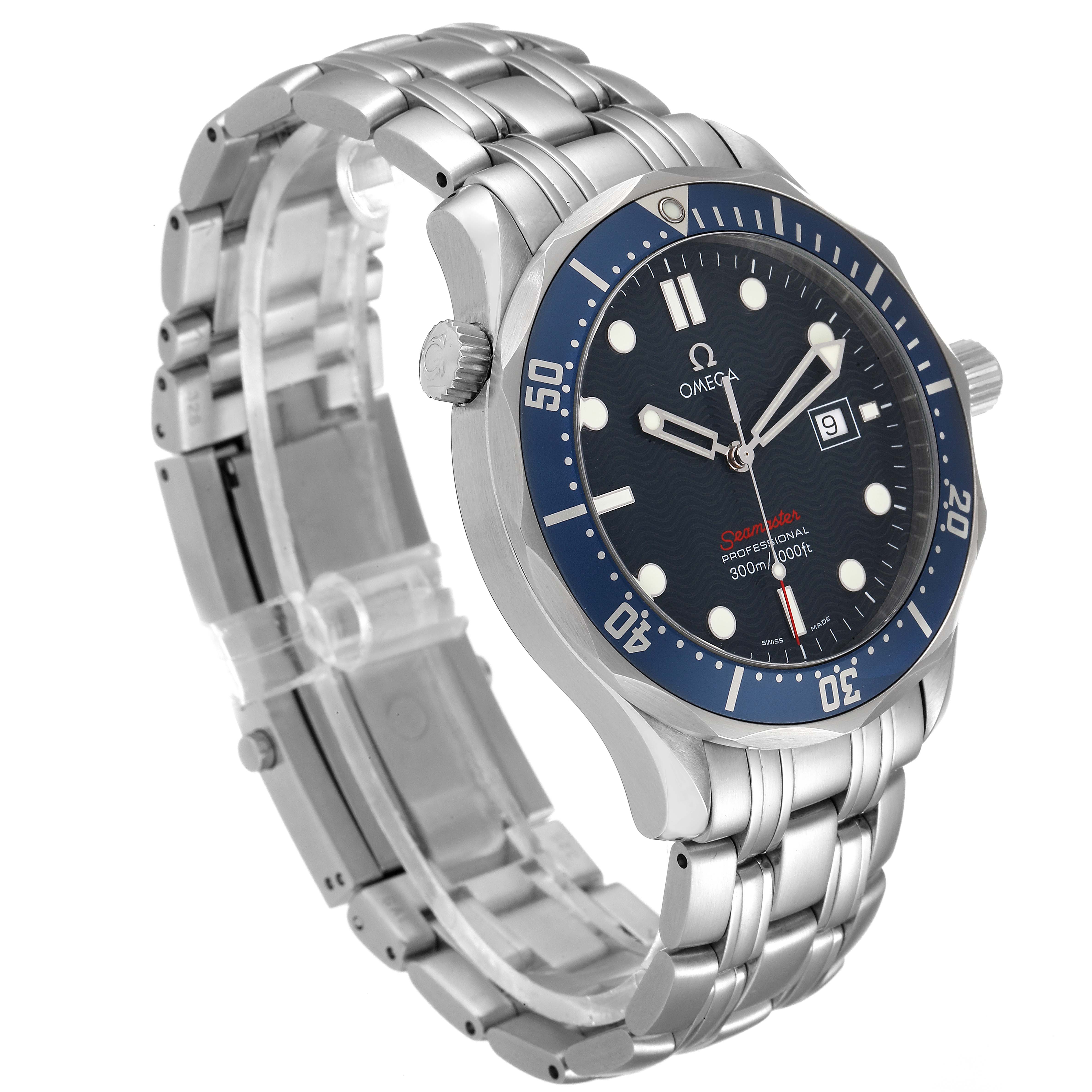 The image shows a side angle of the Omega Seamaster 2221.80.00 Men's Stainless Steel Blue Dial 2221.80.00 Men's Stainless Steel Blue Dial watch, highlighting the face, bezel, bracelet, and crown.
