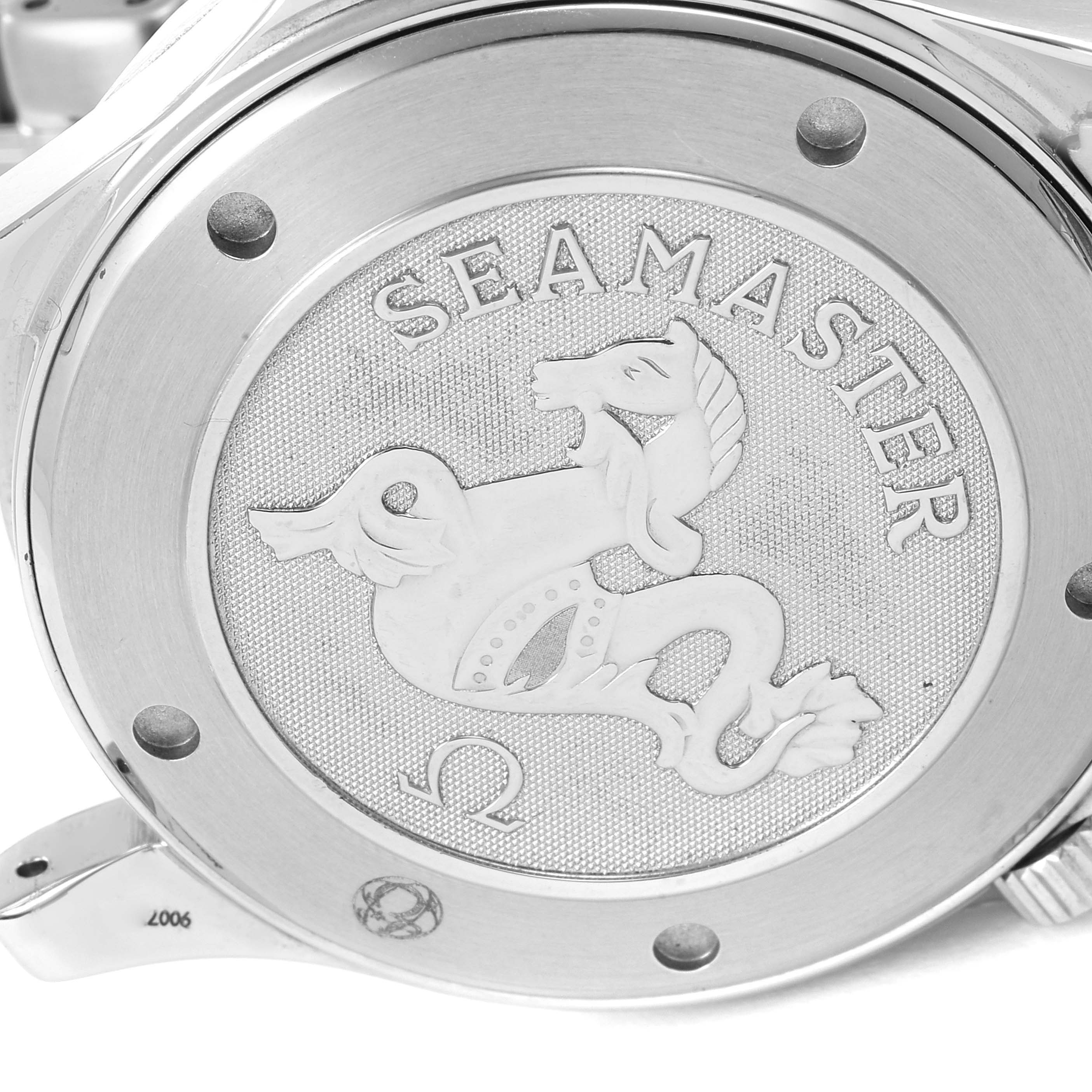 This image shows the case back of an Omega Seamaster 2221.80.00 Men's Stainless Steel Blue Dial 2221.80.00 Men's Stainless Steel Blue Dial watch, featuring an engraved seahorse and the "Seamaster" name.