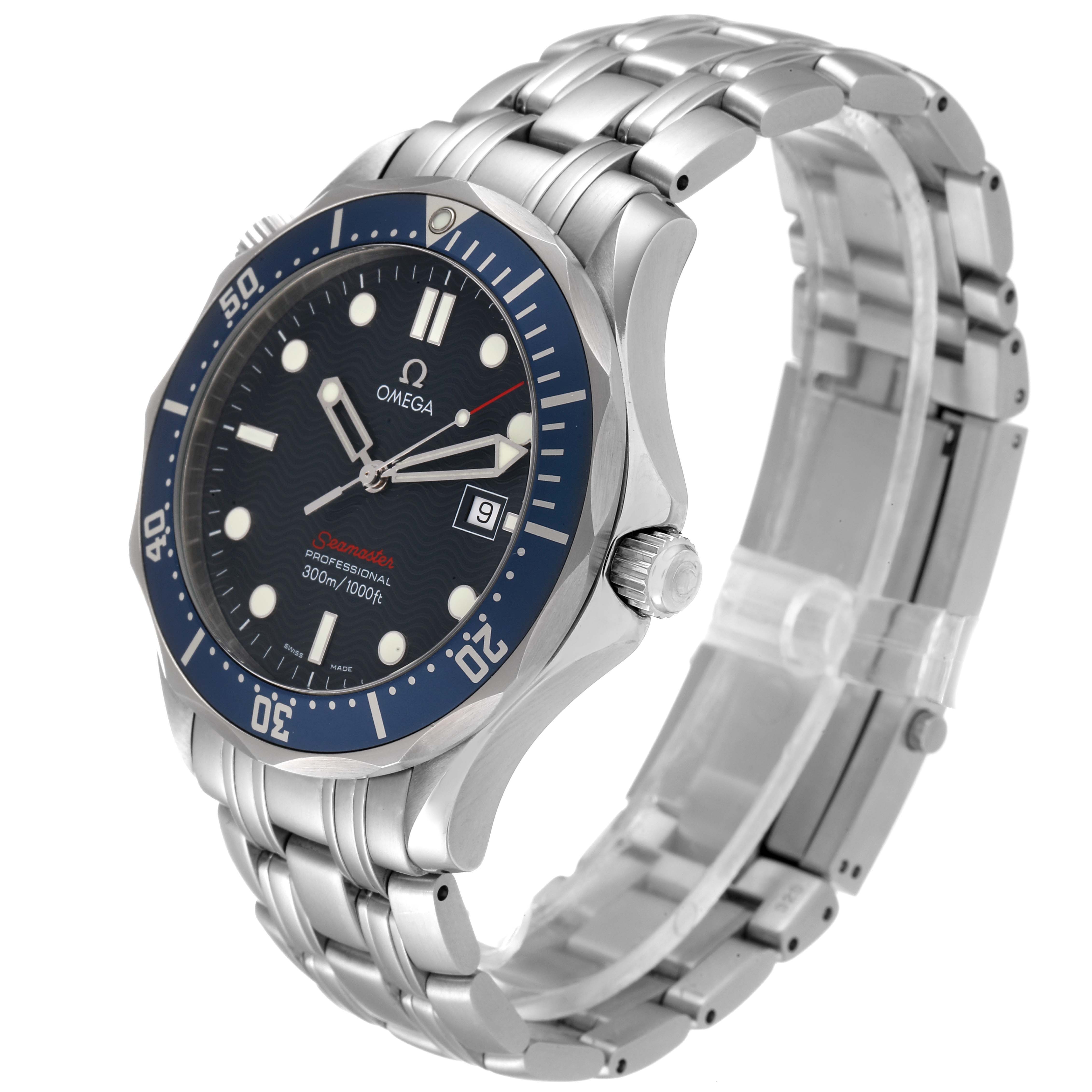 The Omega Seamaster 2221.80.00 Men's Stainless Steel Blue Dial 2221.80.00 Men's Stainless Steel Blue Dial watch is shown at a three-quarter angle, displaying its face, bezel, crown, and stainless steel bracelet.