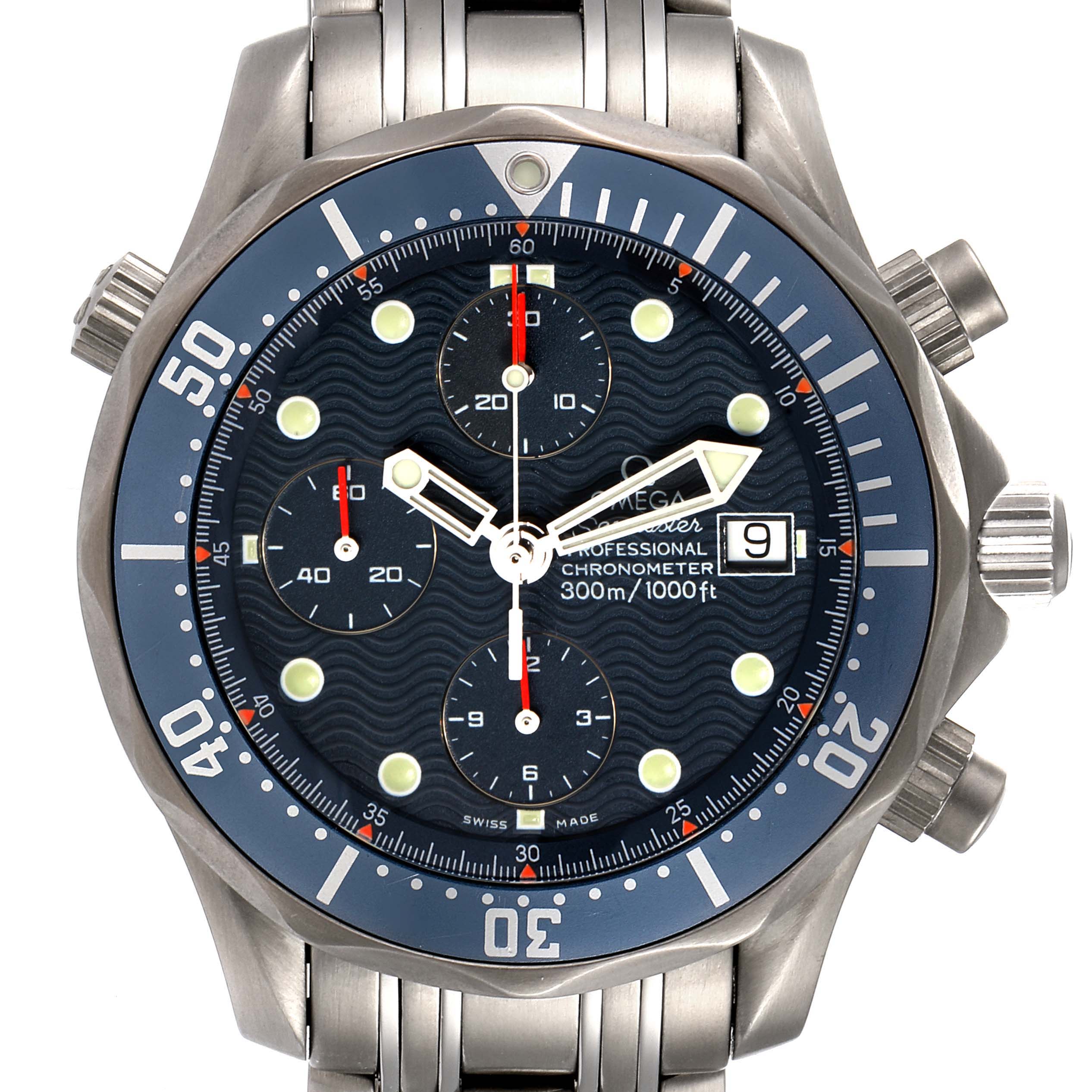 The Omega Seamaster 2298.80.00 Men's Titanium Blue Dial 2298.80.00 Men's Titanium Blue Dial watch is displayed from a front angle, showing the dial, bezel, hands, and bracelet.