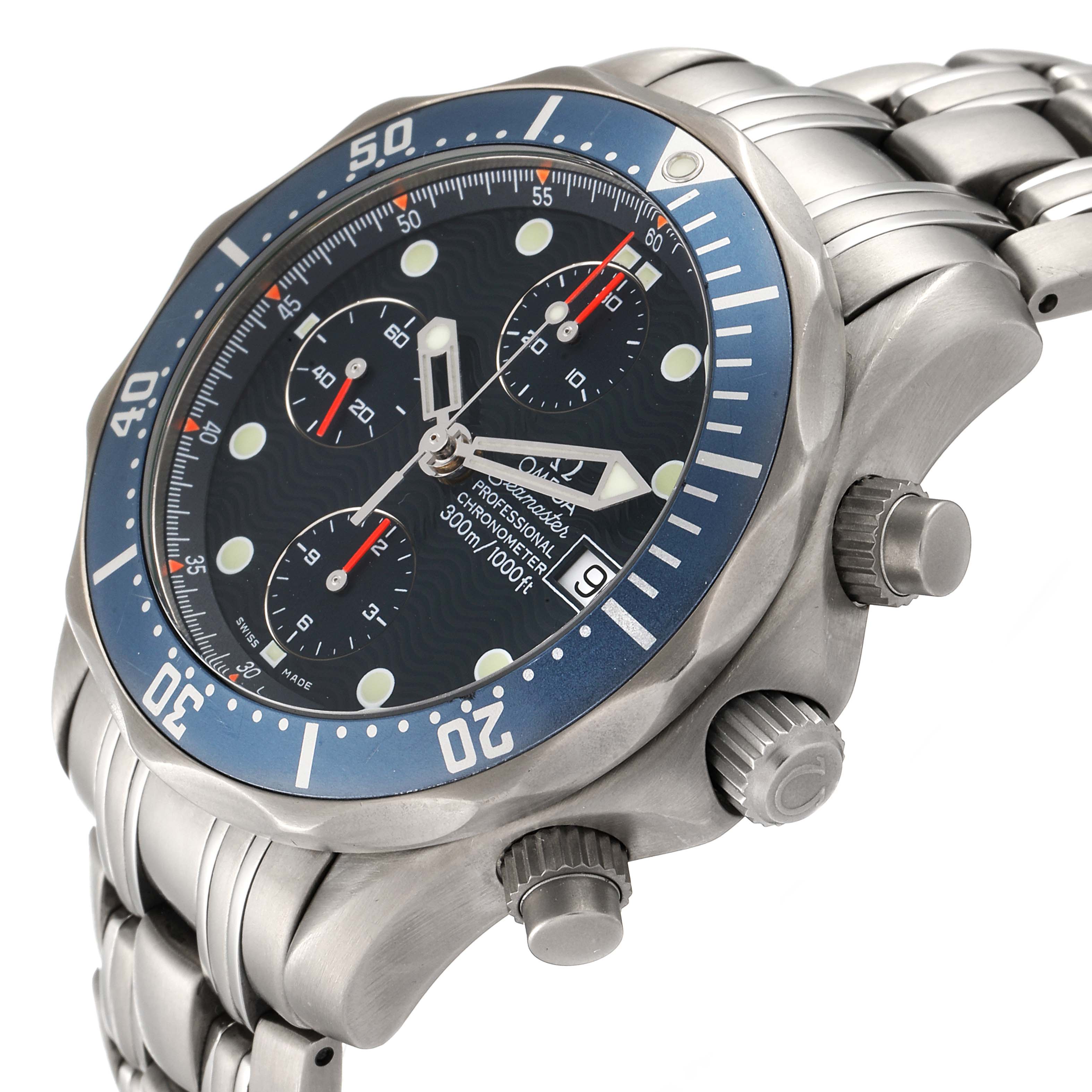 The image shows an angled view of the Omega Seamaster 2298.80.00 Men's Titanium Blue Dial 2298.80.00 Men's Titanium Blue Dial watch, highlighting its bezel, chronograph dials, and bracelet.