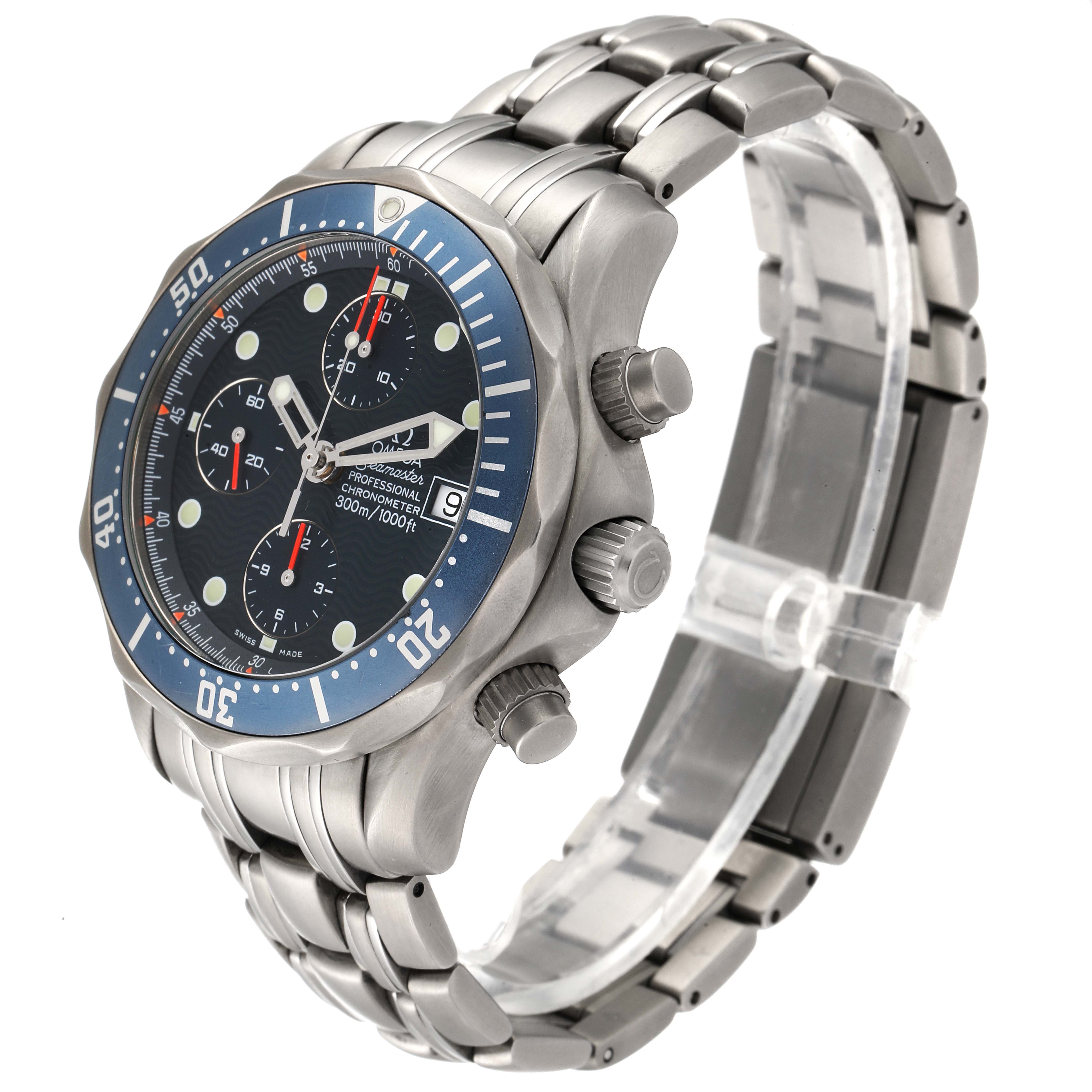 The Omega Seamaster 2298.80.00 Men's Titanium Blue Dial 2298.80.00 Men's Titanium Blue Dial watch is shown at a three-quarter angle, highlighting the stainless steel bracelet, bezel, and chronograph dials.