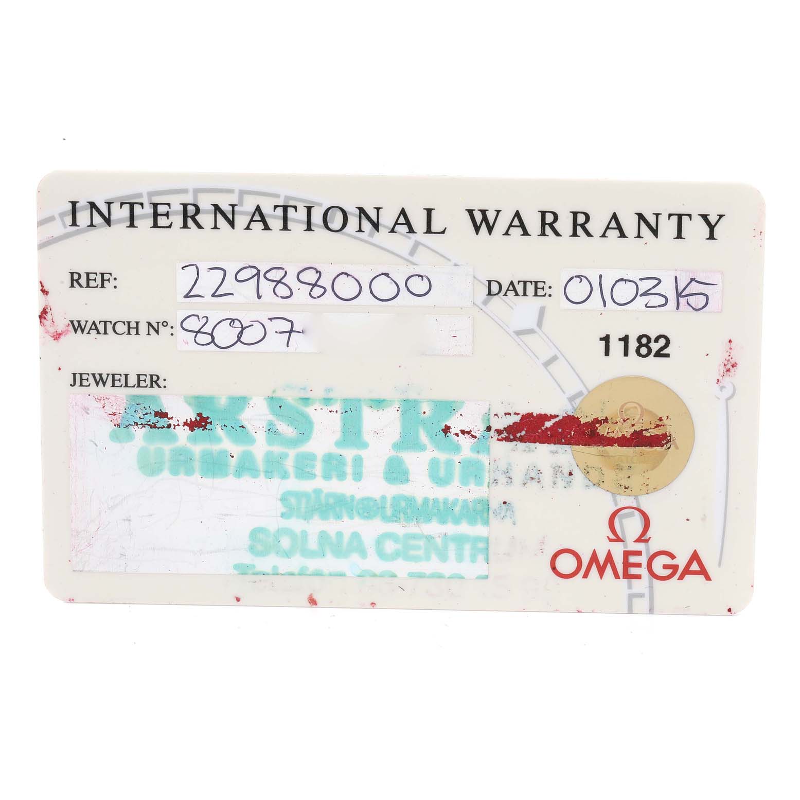 The image shows the International Warranty card for an Omega Seamaster 2298.80.00 Men's Titanium Blue Dial 2298.80.00 Men's Titanium Blue Dial watch.