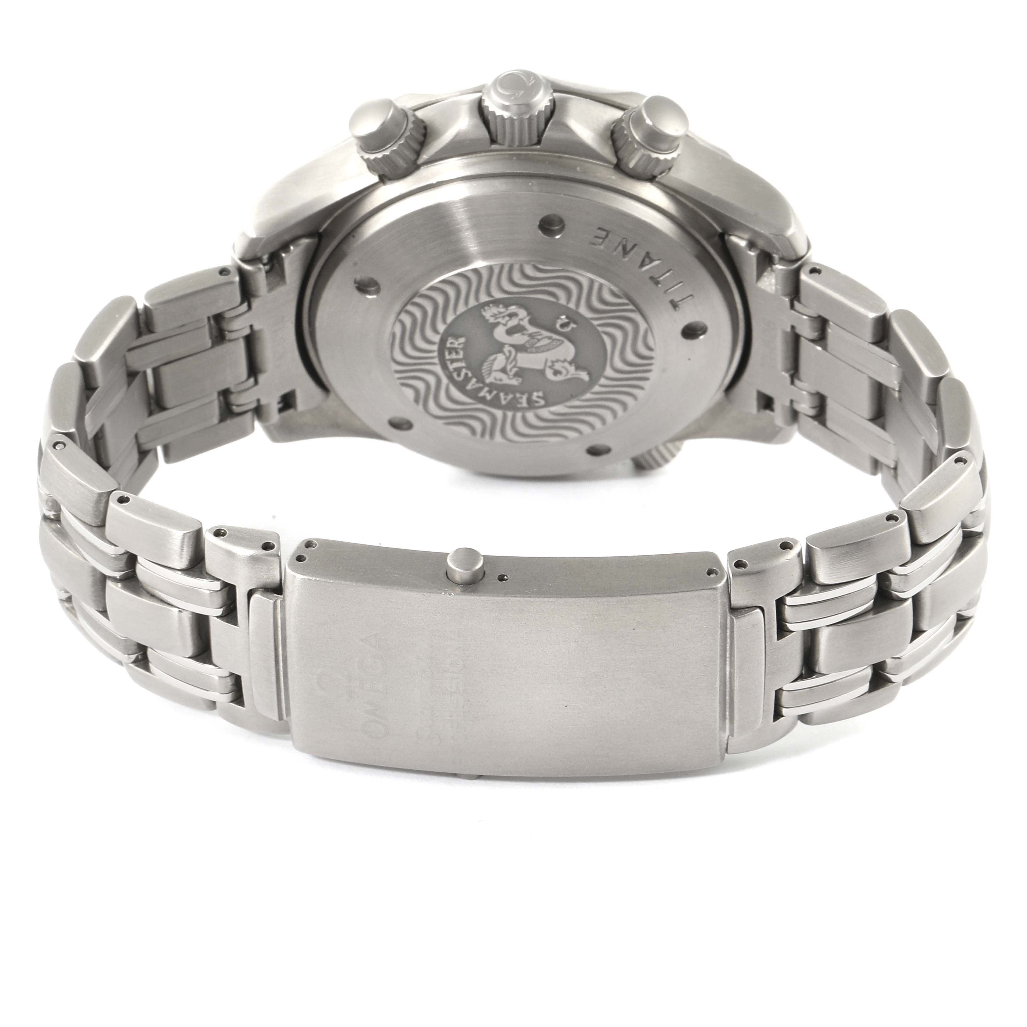 The image shows the Omega Seamaster 2298.80.00 Men's Titanium Blue Dial 2298.80.00 Men's Titanium Blue Dial watch from the back, highlighting the case back, bracelet, and clasp.