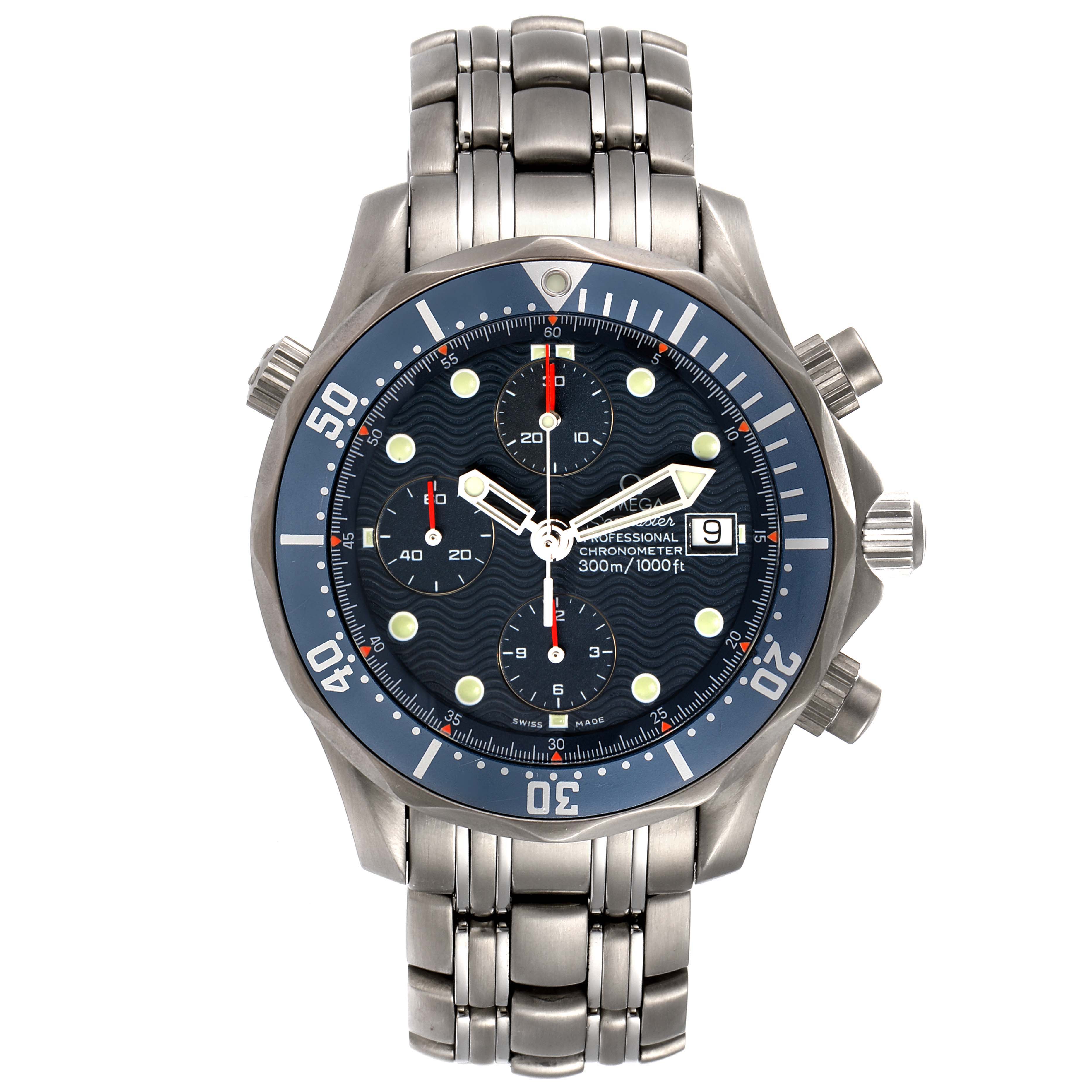The image shows a front view of the Omega Seamaster 2298.80.00 Men's Titanium Blue Dial 2298.80.00 Men's Titanium Blue Dial watch, displaying its dial, bezel, and metal bracelet.