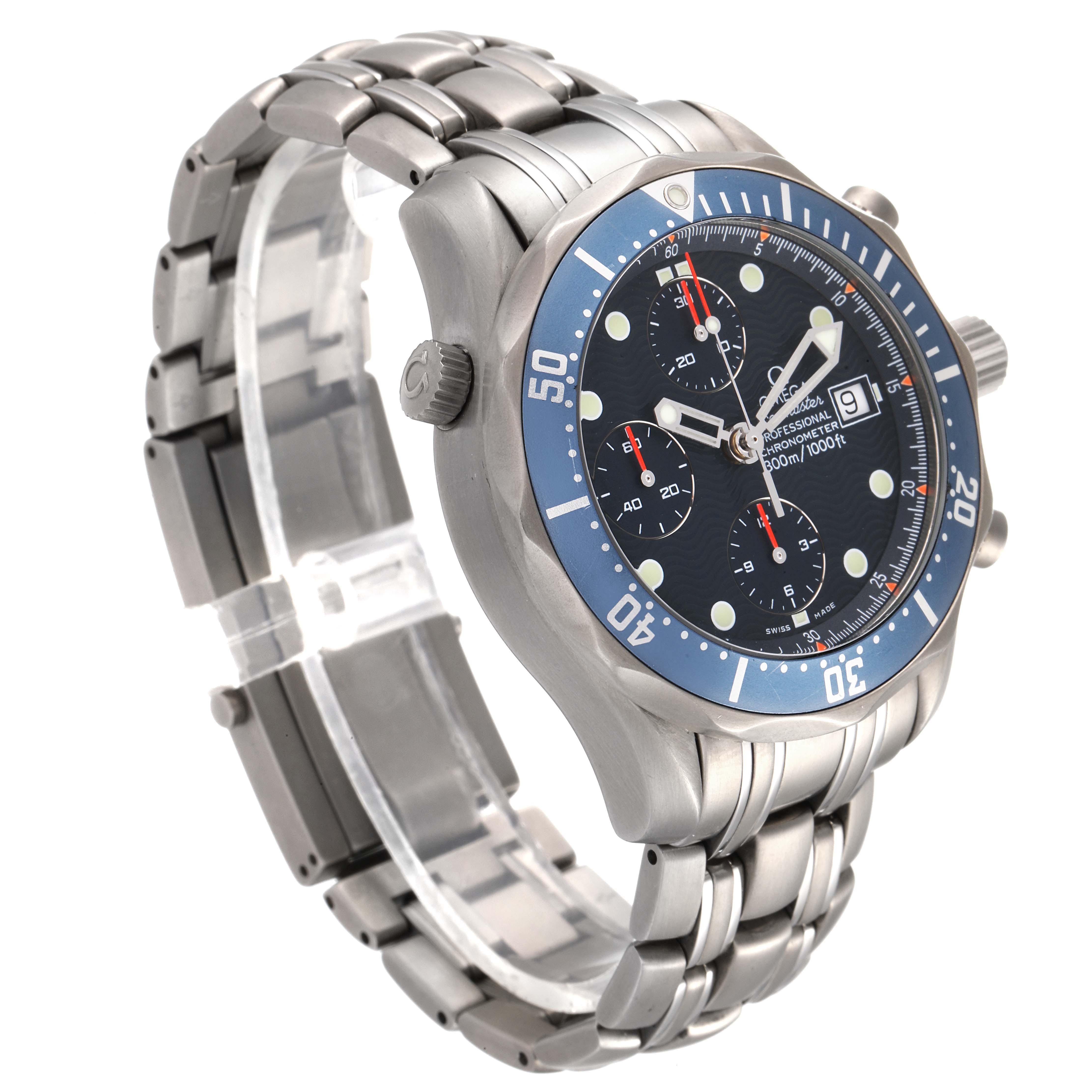 This image shows an Omega Seamaster 2298.80.00 Men's Titanium Blue Dial 2298.80.00 Men's Titanium Blue Dial watch at an oblique angle, highlighting the dial, bezel, crown, and metallic bracelet.