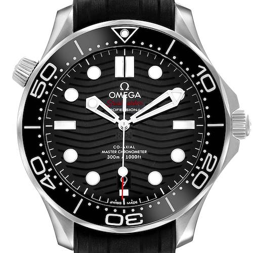 The image shows a frontal view of the Omega Seamaster 210.32.42.20.01.001 Men's Stainless Steel Black Dial watch, displaying its face, bezel, and crown.