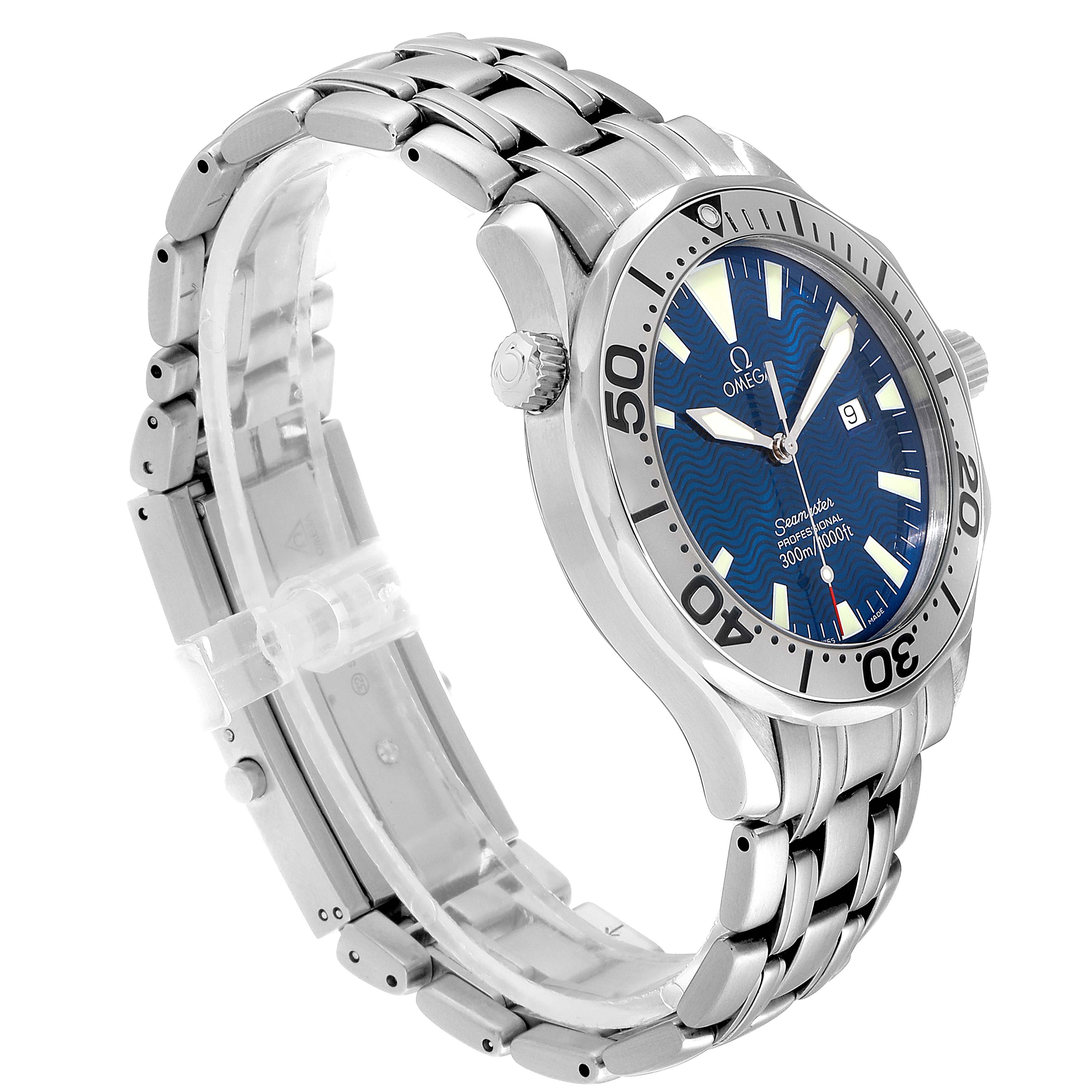 The image shows an Omega Seamaster 2265.80.00 Men
s Stainless Steel Blue Dial 2265.80.00 Men
s Stainless Steel Blue Dial watch at an angle highlighting the case, bezel, dial, crown, and bracelet.