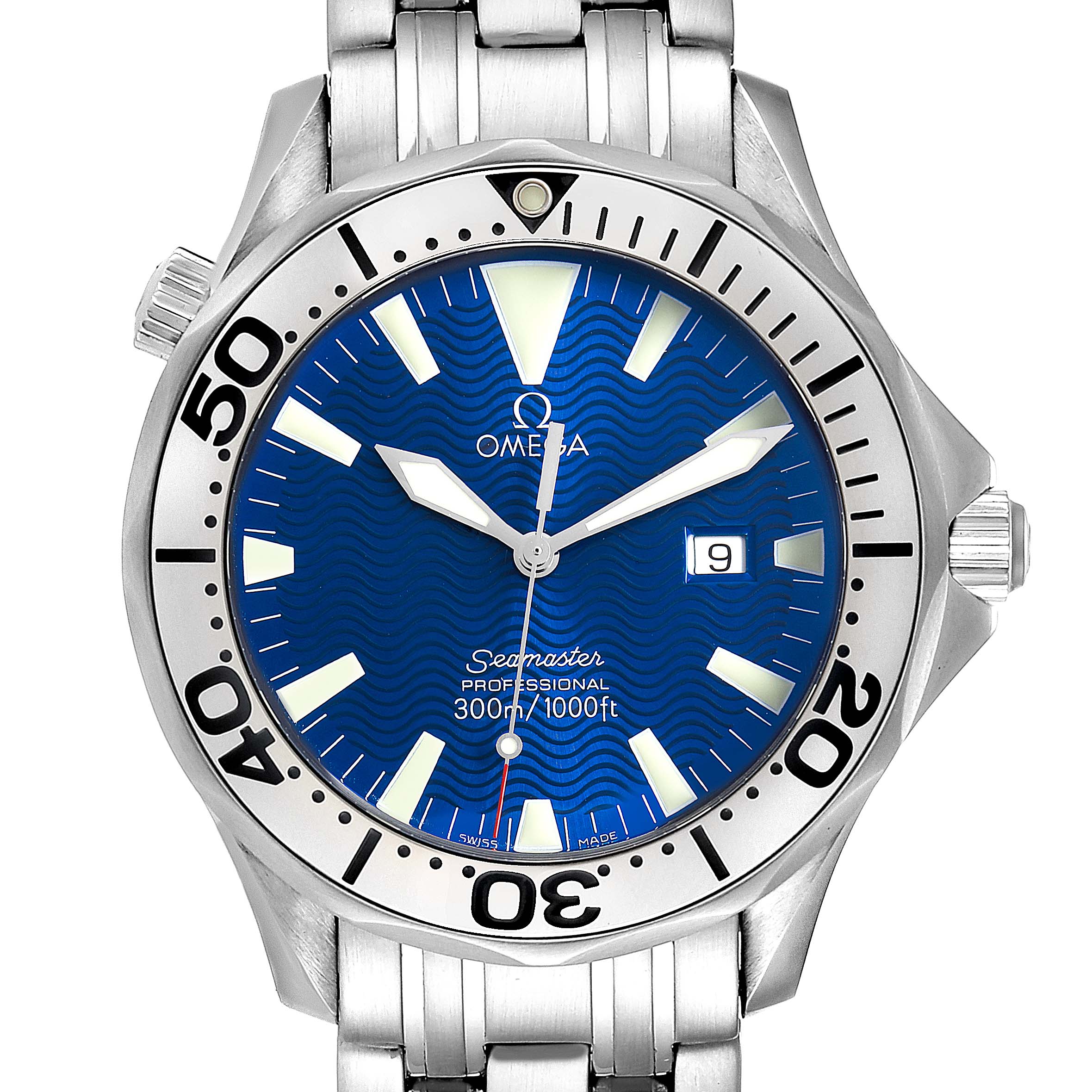 The image shows a frontal view of an Omega Seamaster 2265.80.00 Men
s Stainless Steel Blue Dial 2265.80.00 Men
s Stainless Steel Blue Dial watch, displaying its blue dial, bezel, hands, date window, and bracelet.