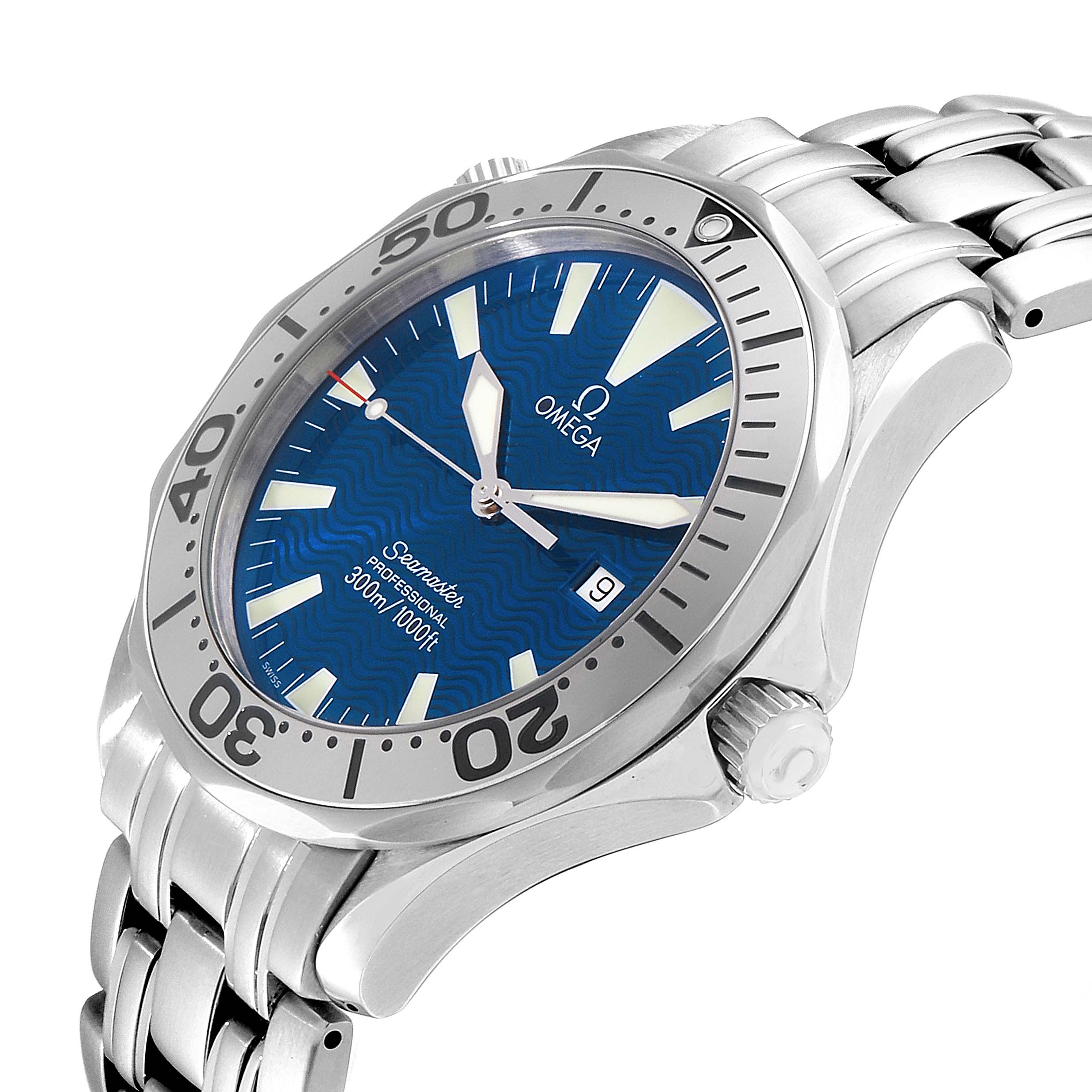 The image shows an angled view of the Omega Seamaster 2265.80.00 Men
s Stainless Steel Blue Dial 2265.80.00 Men
s Stainless Steel Blue Dial watch, highlighting the dial, bezel, crown, and bracelet.