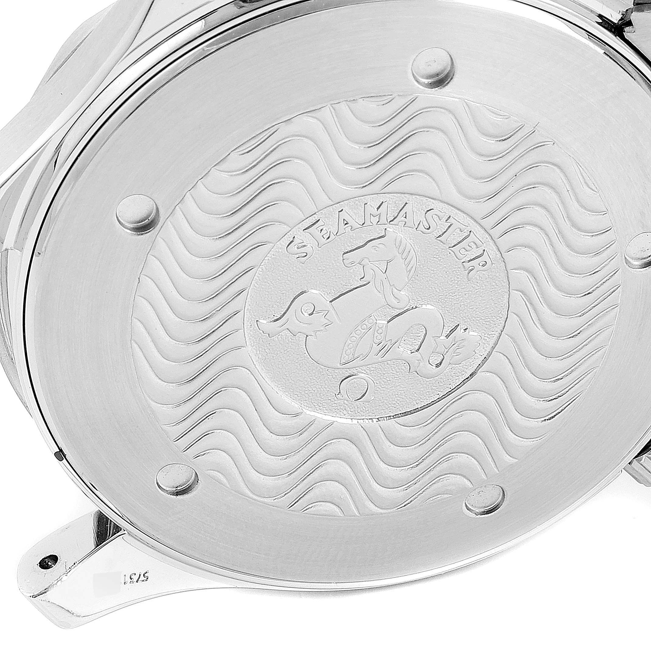 The image shows the back case of the Omega Seamaster 2265.80.00 Men
s Stainless Steel Blue Dial 2265.80.00 Men
s Stainless Steel Blue Dial watch, featuring a wave pattern and the Seamaster logo with a seahorse.
