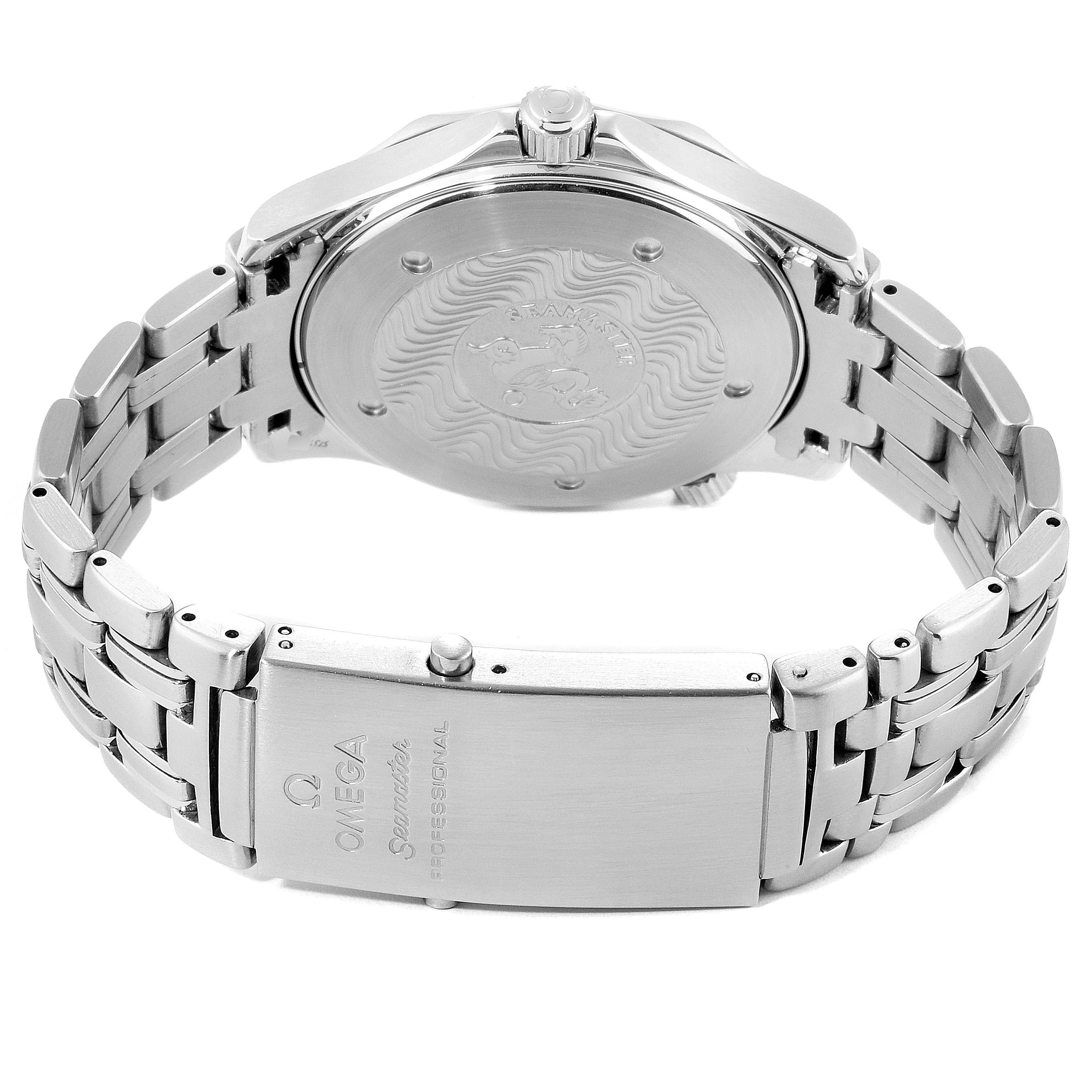 The image shows the back case and clasp of the Omega Seamaster 2265.80.00 Men
s Stainless Steel Blue Dial 2265.80.00 Men
s Stainless Steel Blue Dial watch, highlighting the brand engravings.