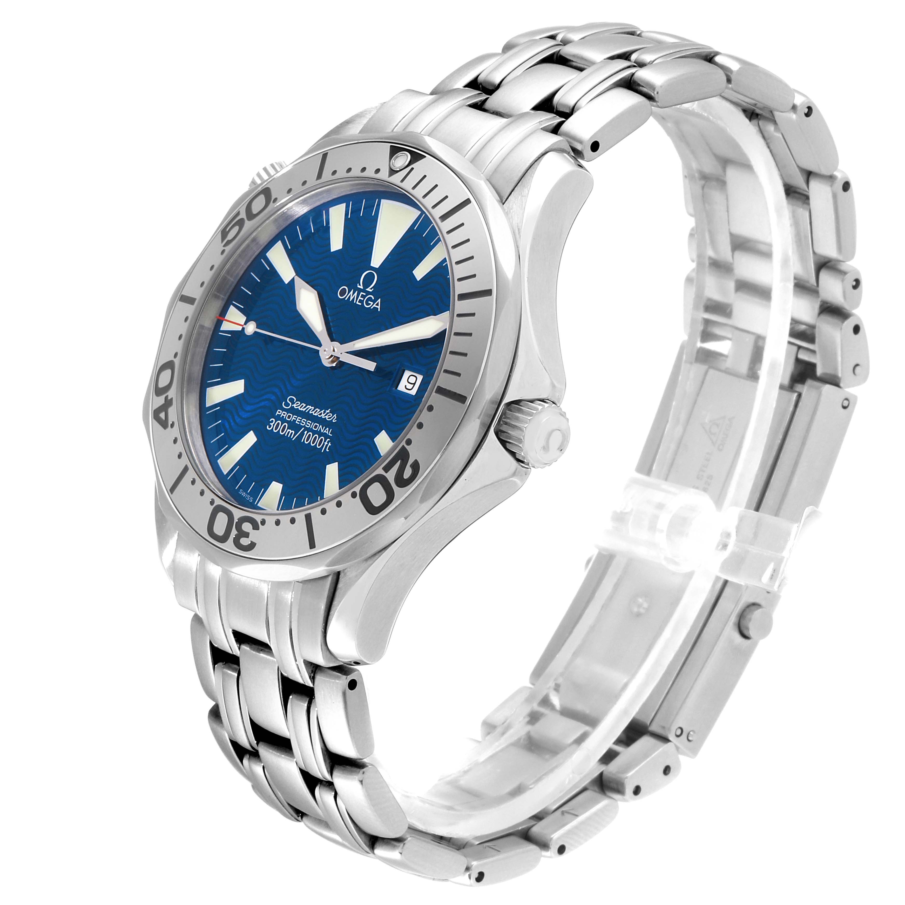 The Omega Seamaster 2265.80.00 Men
s Stainless Steel Blue Dial 2265.80.00 Men
s Stainless Steel Blue Dial watch is shown at an angle displaying the face, bezel, crown, and stainless steel bracelet.