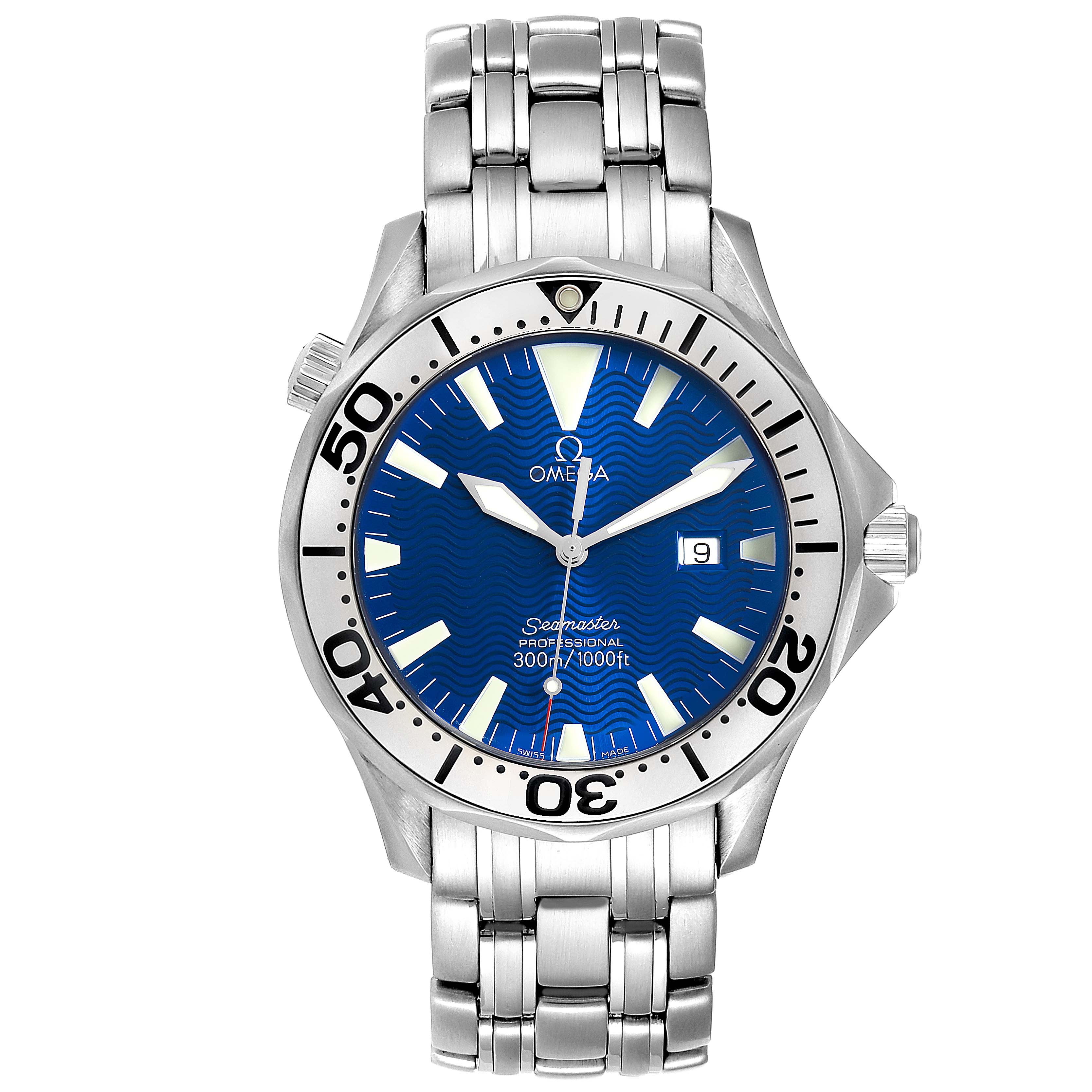 The Omega Seamaster 2265.80.00 Men
s Stainless Steel Blue Dial 2265.80.00 Men
s Stainless Steel Blue Dial watch is shown from a front angle, displaying its blue dial, date window, and stainless steel bracelet.