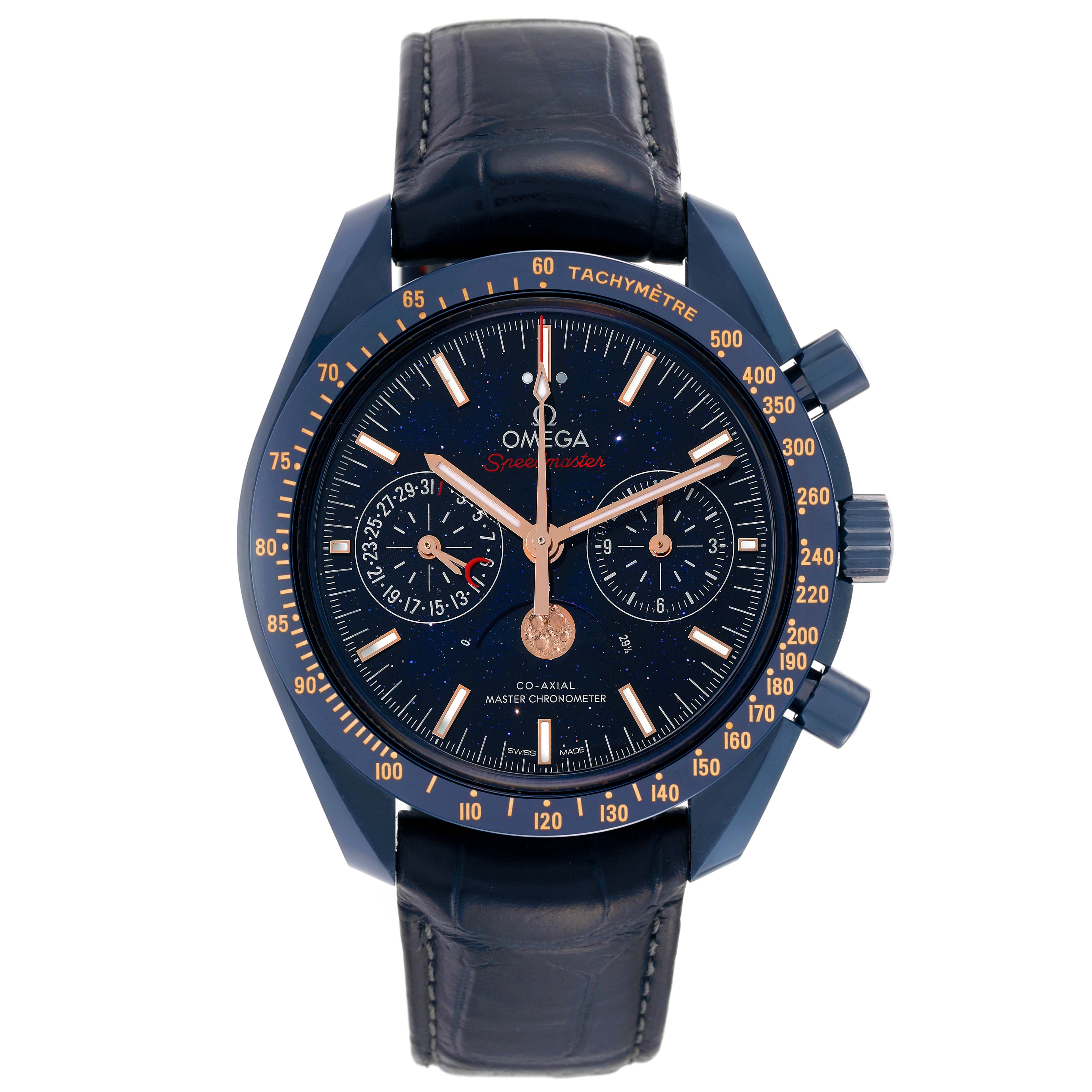 The Omega Speedmaster 304.93.44.52.03.002 Men's Ceramic Blue Dial 304.93.44.52.03.002 Men's Ceramic Blue Dial watch shown has a frontal view, highlighting its dial, bezel, chronograph subdials, and leather strap.