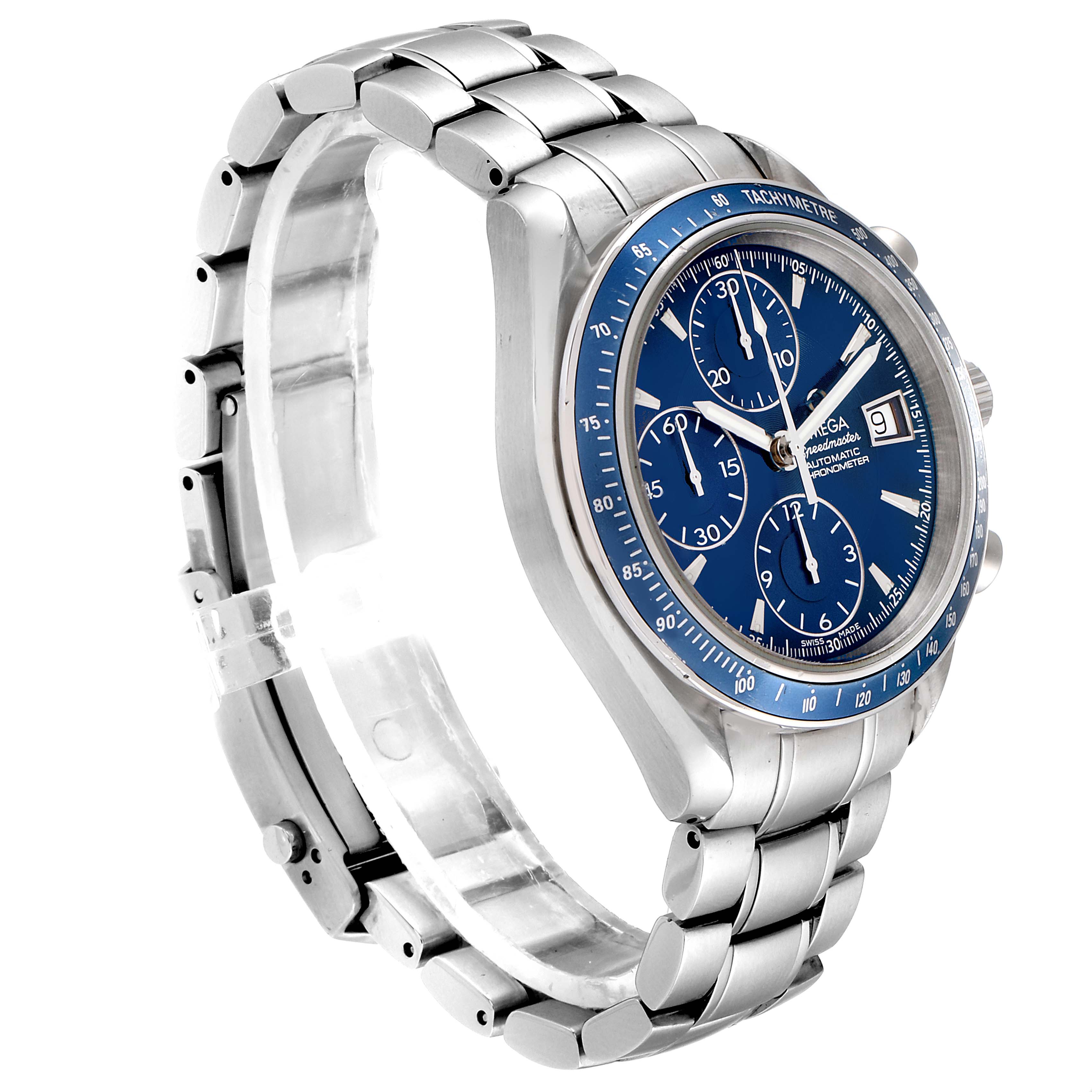 The image shows an Omega Speedmaster 3212.80.00 Men
s Stainless Steel Blue Dial 3212.80.00 Men
s Stainless Steel Blue Dial watch at a slightly angled side view, displaying its blue dial, tachymeter, and stainless steel bracelet.