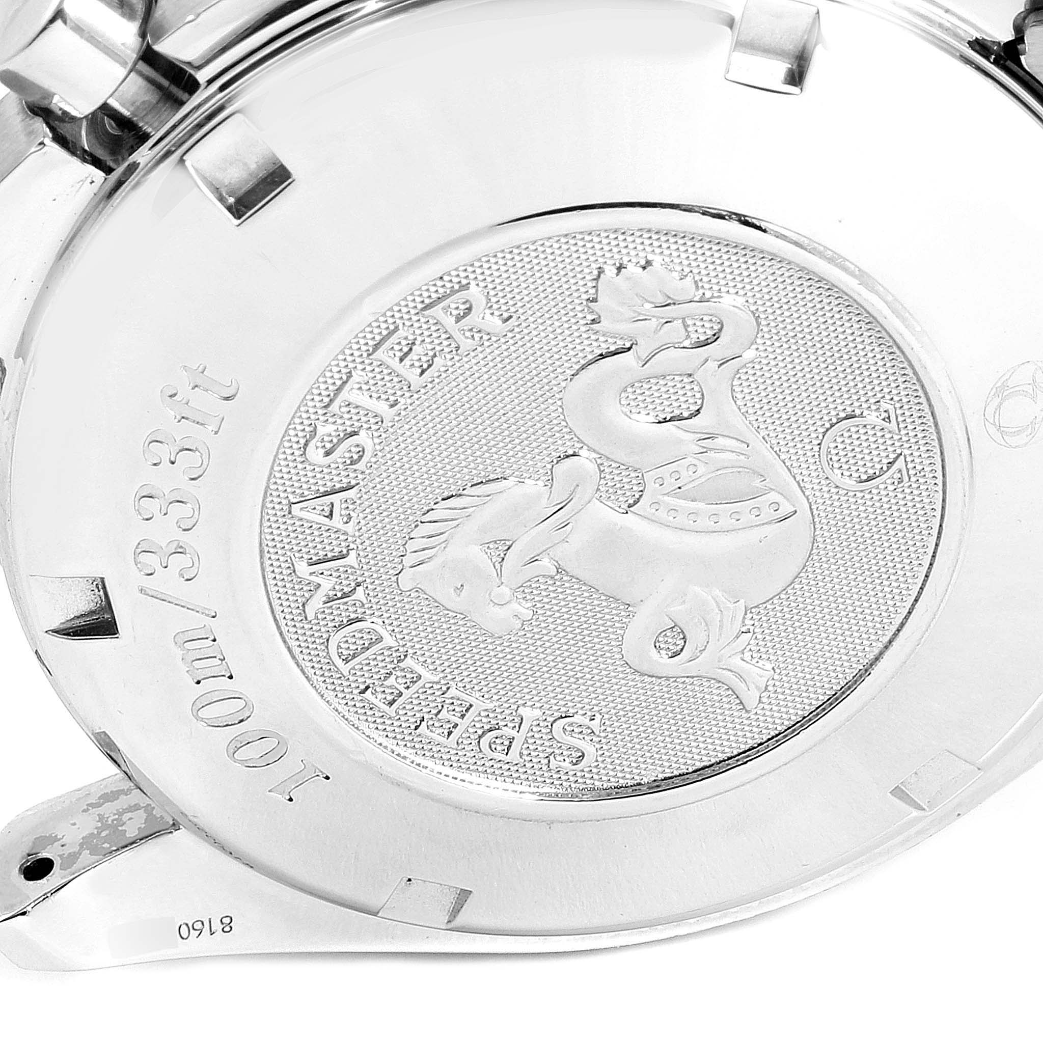 This image shows the case back of the Omega Speedmaster 3212.80.00 Men
s Stainless Steel Blue Dial 3212.80.00 Men
s Stainless Steel Blue Dial watch, highlighting its engraved logo and water resistance mark.