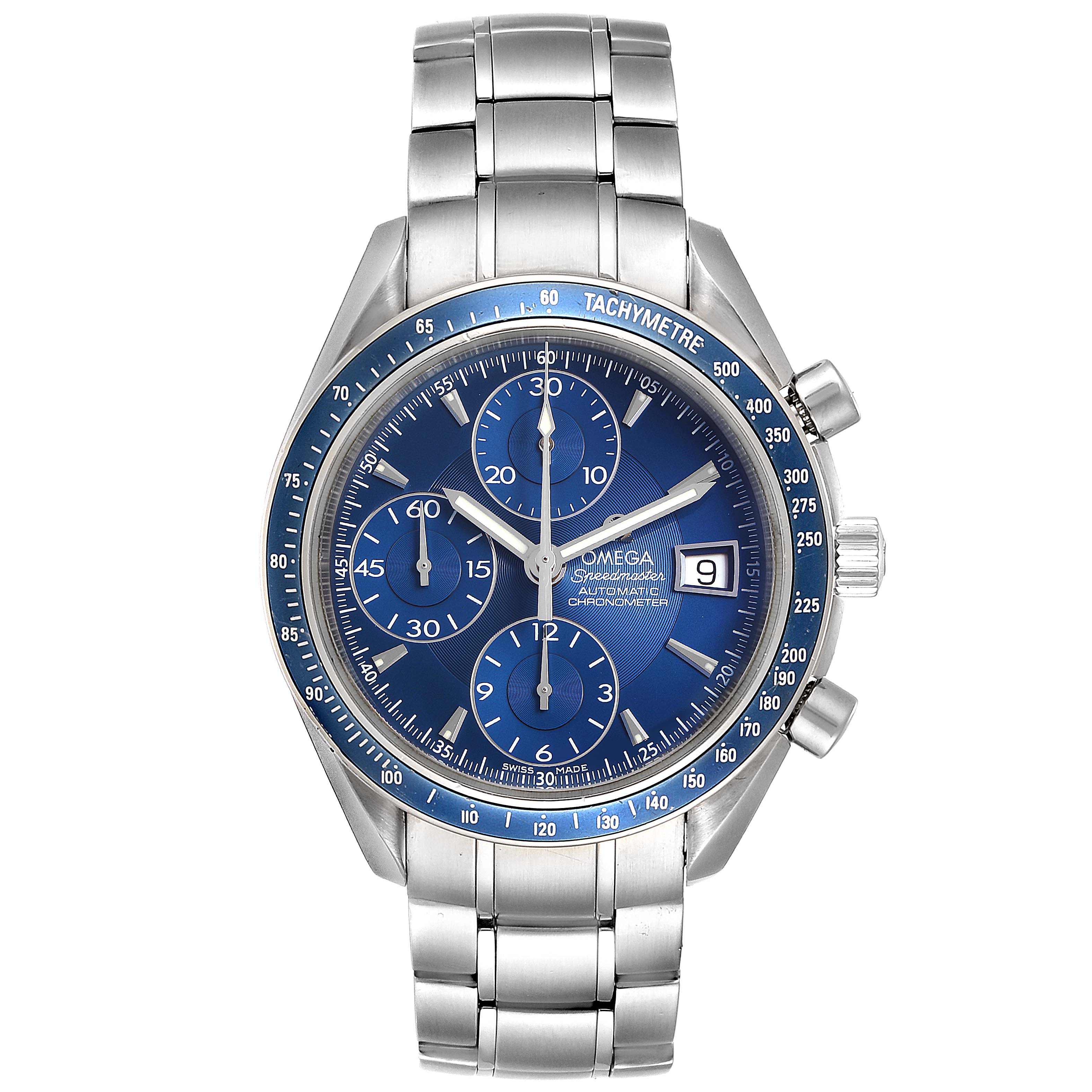 The image shows a front view of the Omega Speedmaster 3212.80.00 Men
s Stainless Steel Blue Dial 3212.80.00 Men
s Stainless Steel Blue Dial watch, displaying its dial, chronograph buttons, and metal bracelet.