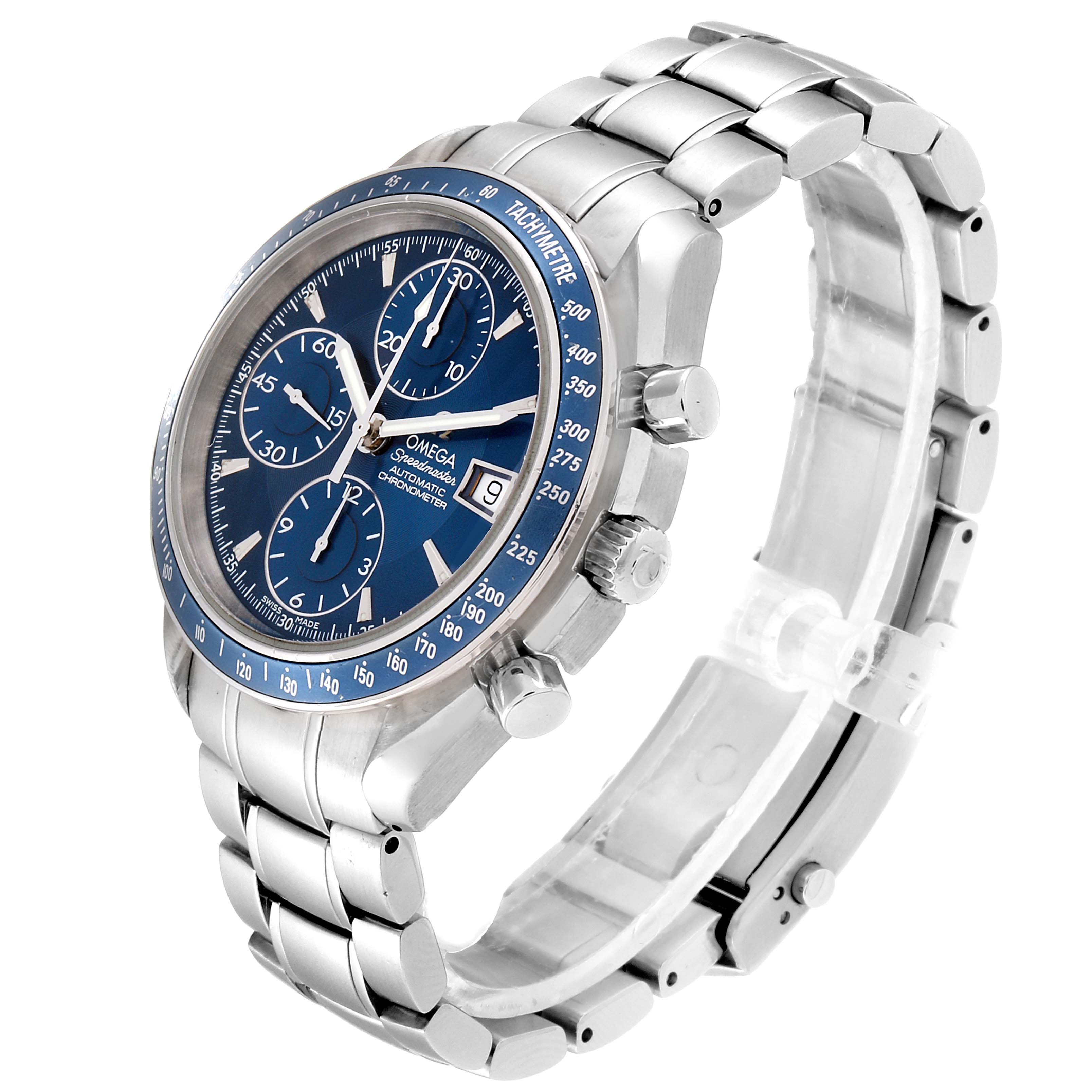 The Omega Speedmaster 3212.80.00 Men
s Stainless Steel Blue Dial 3212.80.00 Men
s Stainless Steel Blue Dial is shown at a three-quarter angle, displaying its blue dial, tachymeter bezel, sub-dials, and stainless steel bracelet.