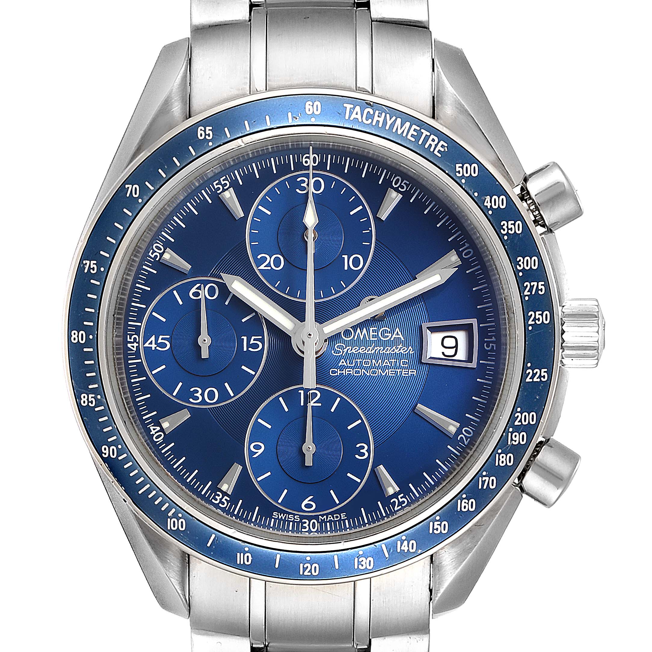 This image shows a front view of an Omega Speedmaster 3212.80.00 Men
s Stainless Steel Blue Dial 3212.80.00 Men
s Stainless Steel Blue Dial watch, highlighting its blue dial, chronograph subdials, date window, and tachymeter bezel.