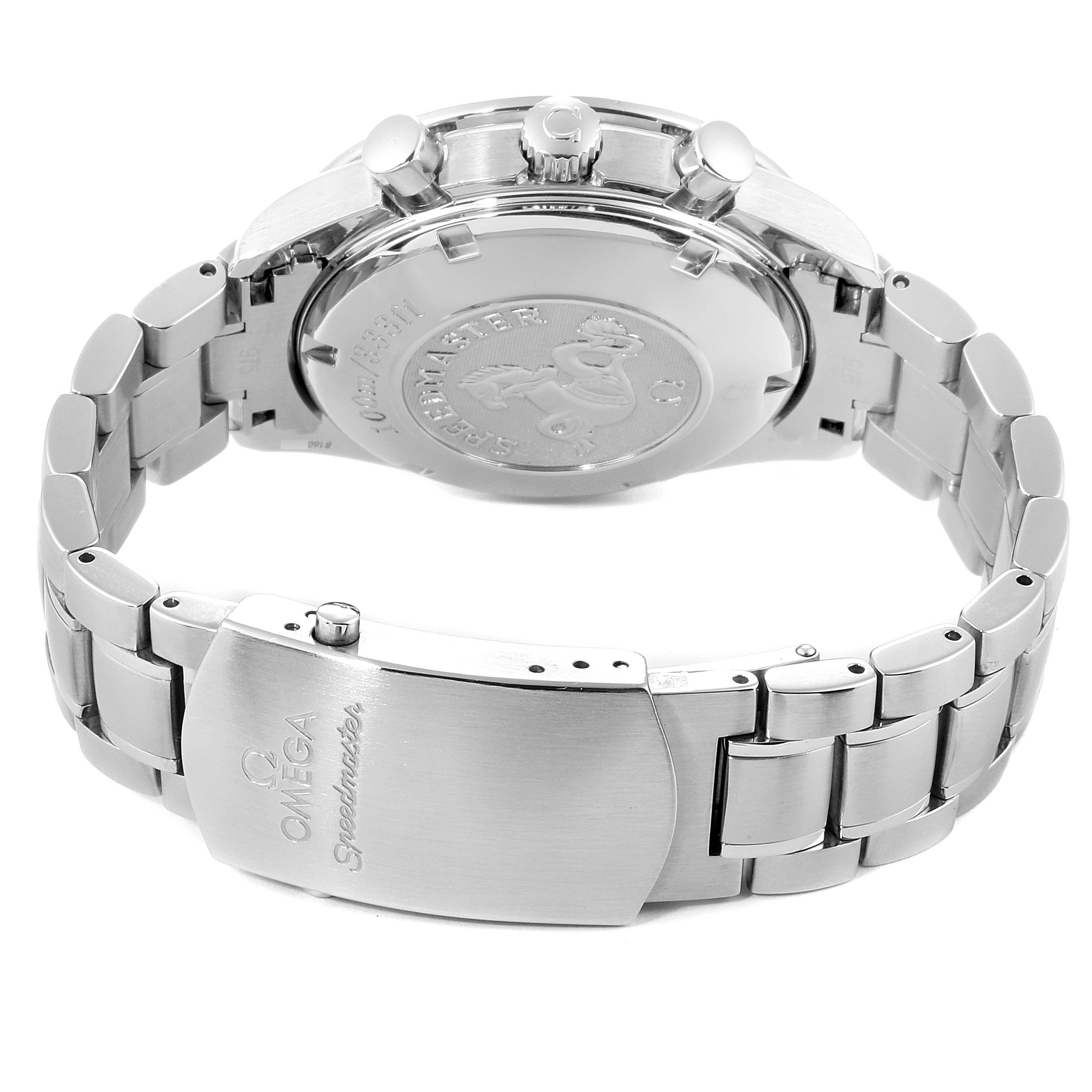 The image shows the back of the Omega Speedmaster 3212.80.00 Men
s Stainless Steel Blue Dial 3212.80.00 Men
s Stainless Steel Blue Dial watch, focusing on the bracelet, clasp, and case back.