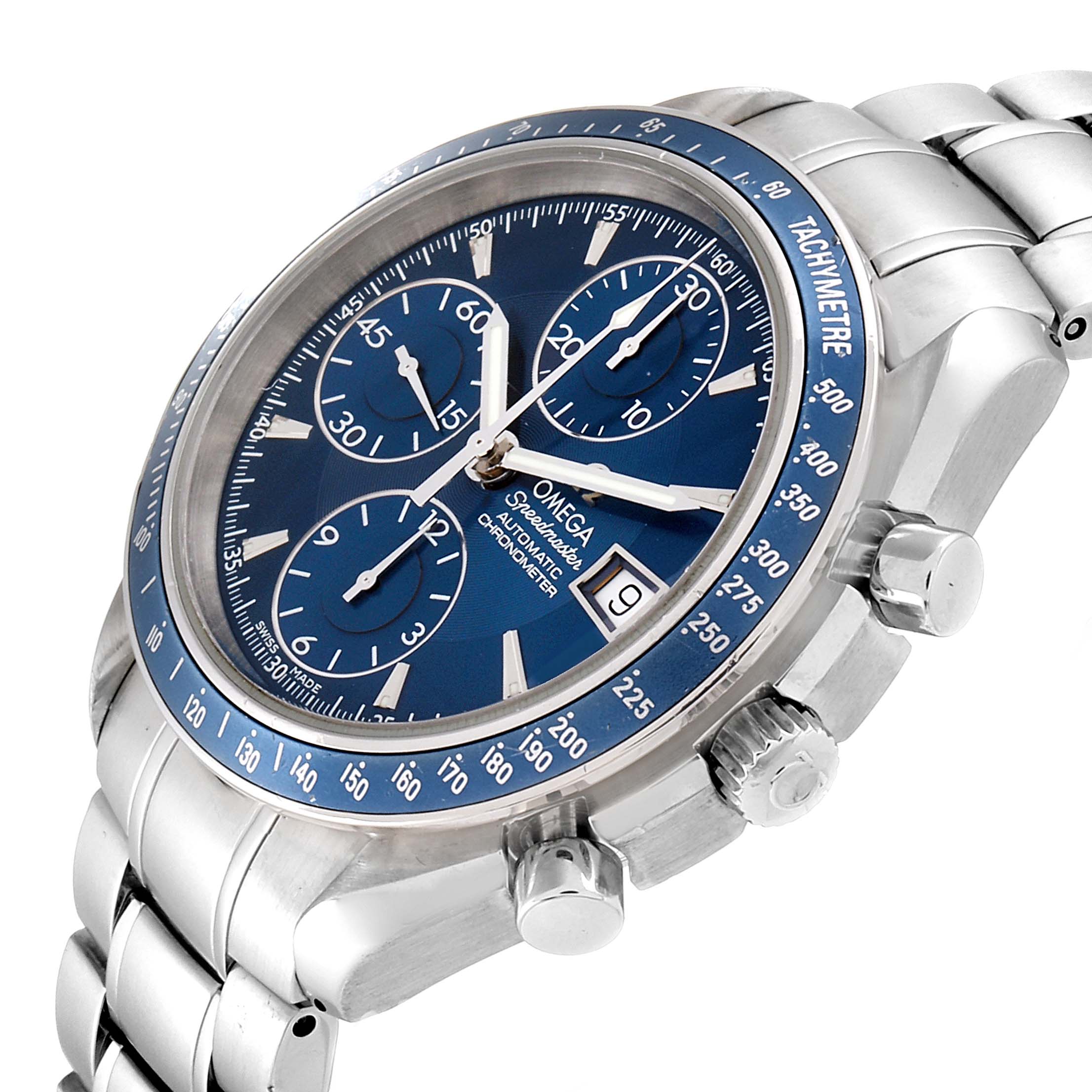 This Omega Speedmaster 3212.80.00 Men
s Stainless Steel Blue Dial 3212.80.00 Men
s Stainless Steel Blue Dial watch is shown from a side angle, highlighting the blue dial, chronograph subdials, and metal bracelet.