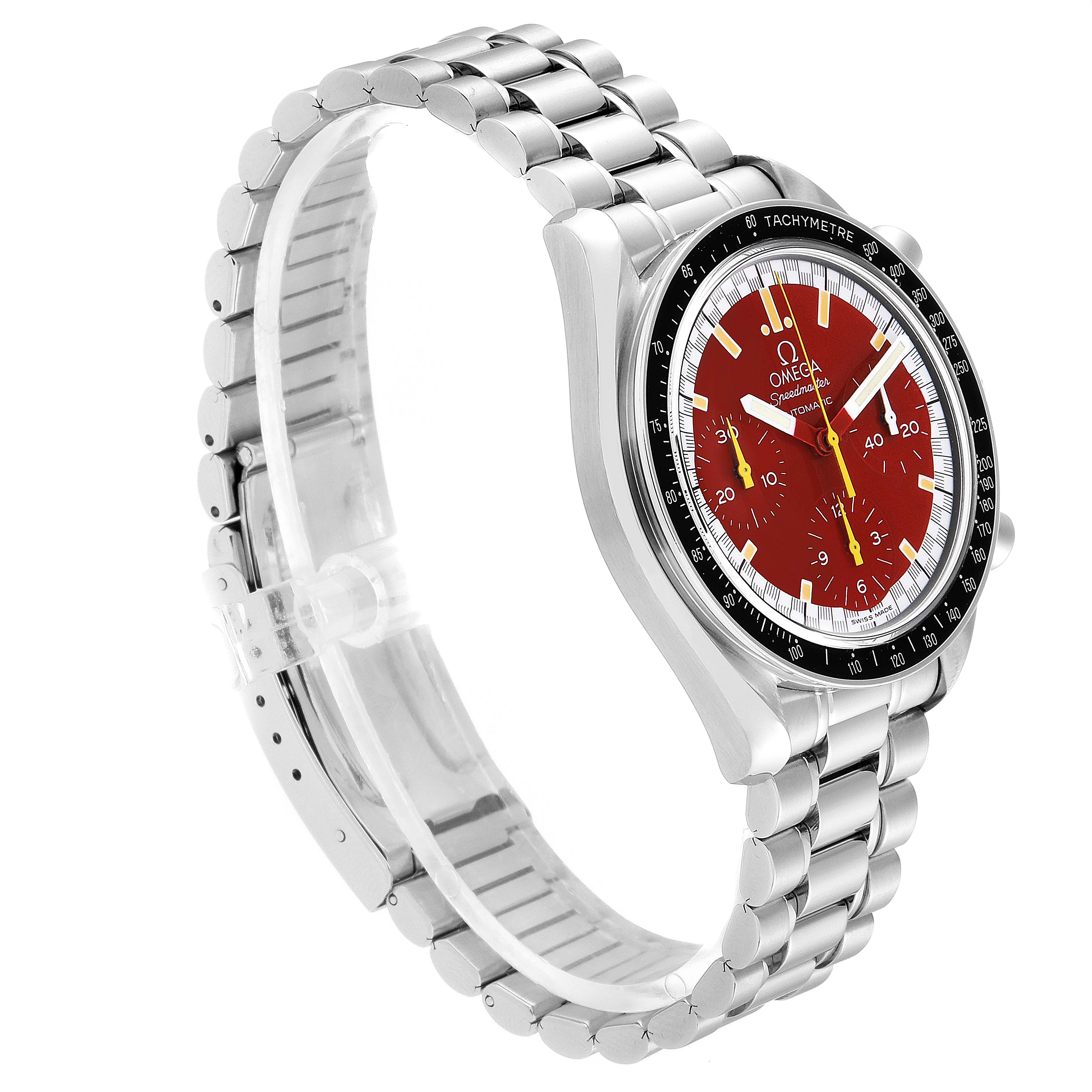The image shows an Omega Speedmaster 3510.61.00 Men
s Stainless Steel Red Dial 3510.61.00 Men
s Stainless Steel Red Dial watch at a 3/4 angle, highlighting the stainless steel bracelet and red dial.