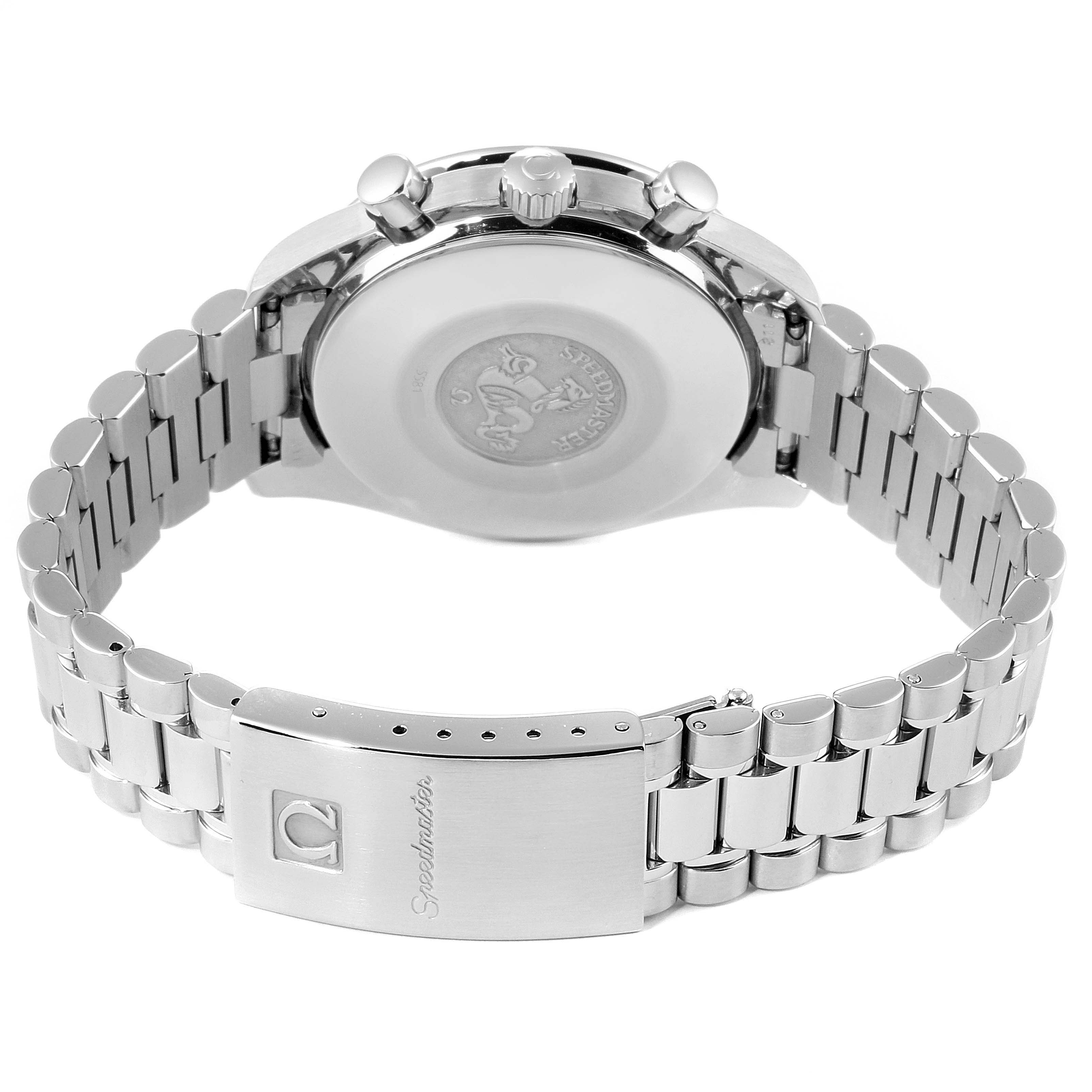 The image shows the back view of the Omega Speedmaster 3510.61.00 Men
s Stainless Steel Red Dial 3510.61.00 Men
s Stainless Steel Red Dial watch, highlighting the bracelet, clasp, and caseback.