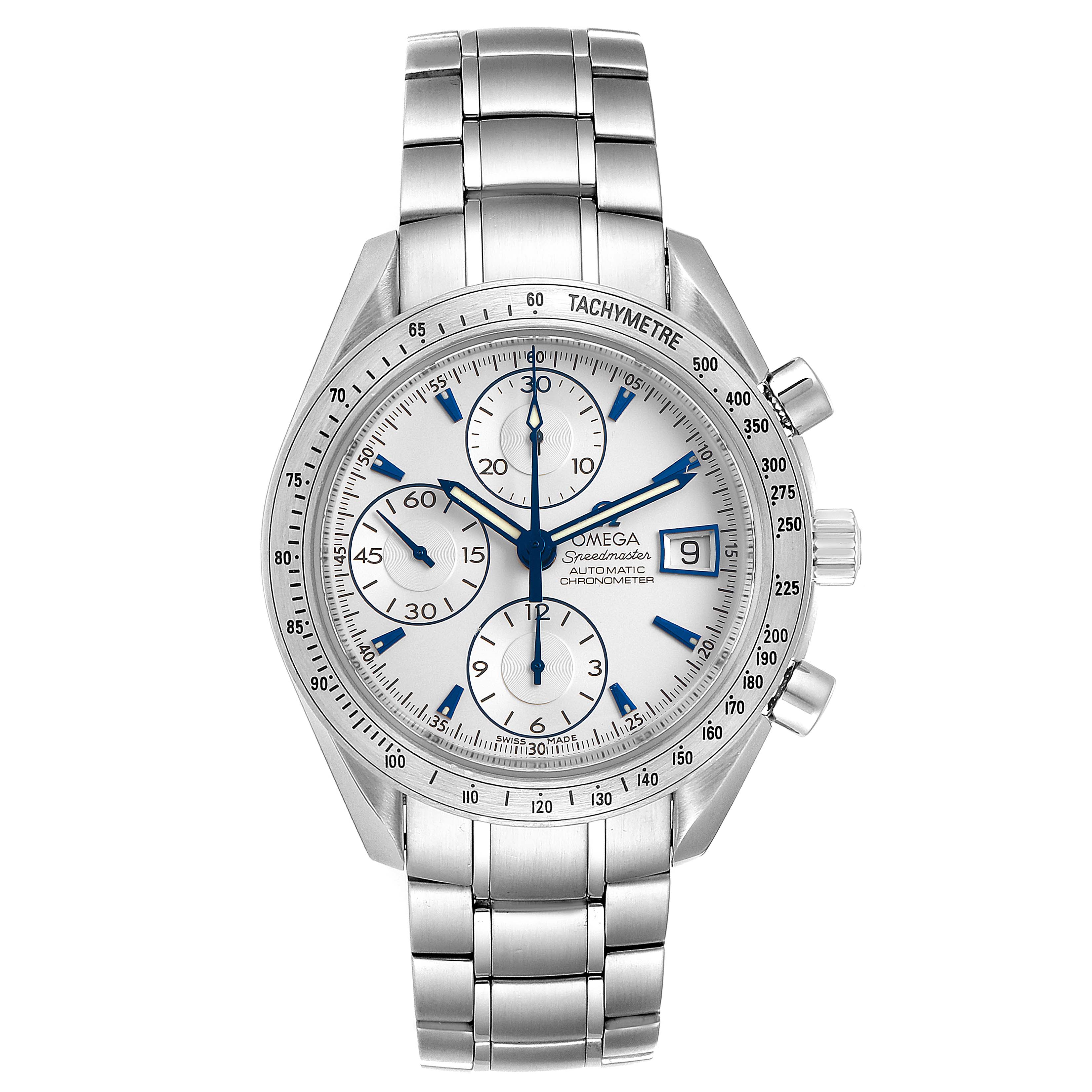 The image shows a front view of the Omega Speedmaster 3211.32.00 Men
s Stainless Steel Silver Dial 3211.32.00 Men
s Stainless Steel Silver Dial watch with a stainless steel bracelet and chronograph features.