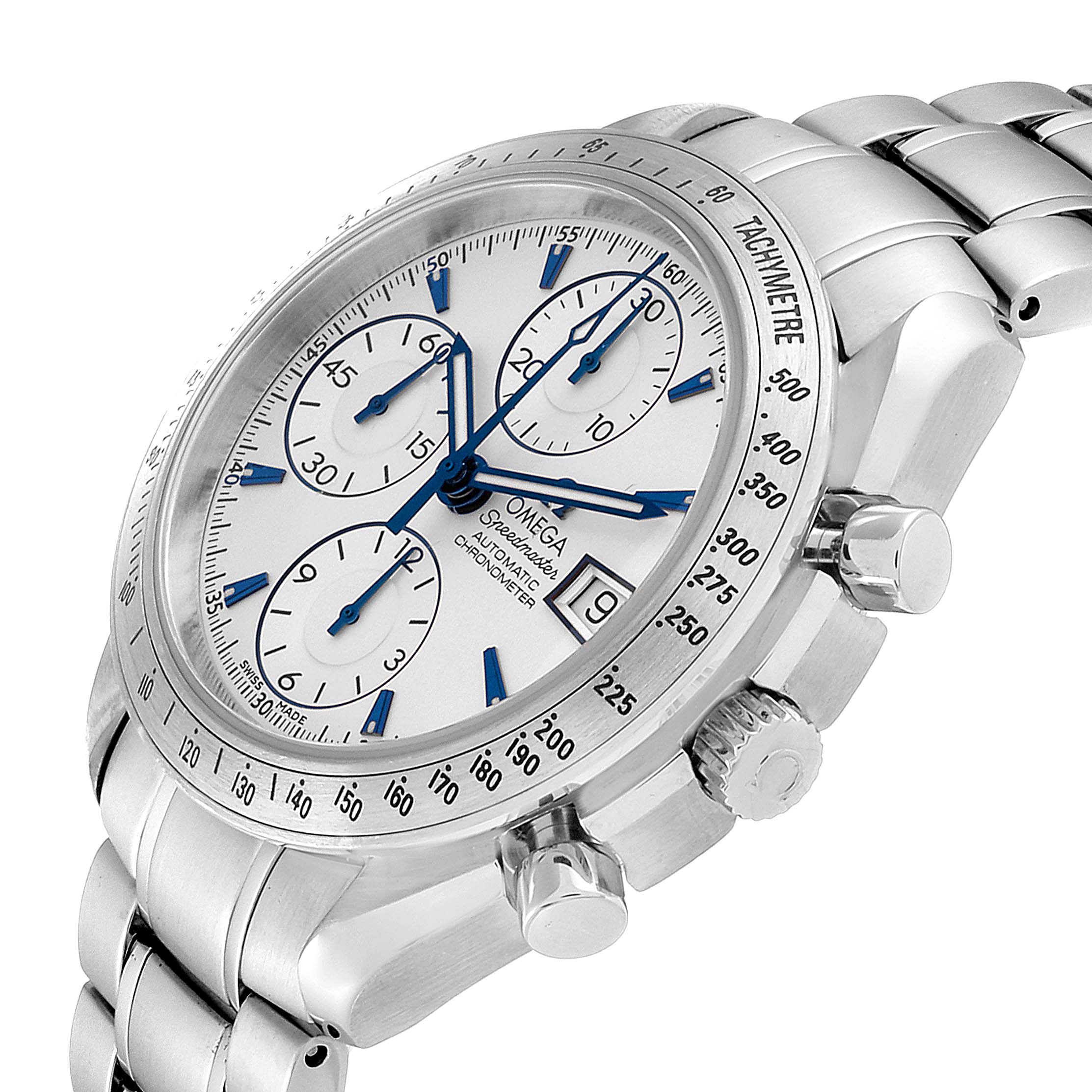 The Omega Speedmaster 3211.32.00 Men
s Stainless Steel Silver Dial 3211.32.00 Men
s Stainless Steel Silver Dial watch is shown at an angled close-up, highlighting the face, chronograph subdials, bezel, crown, and pushers.