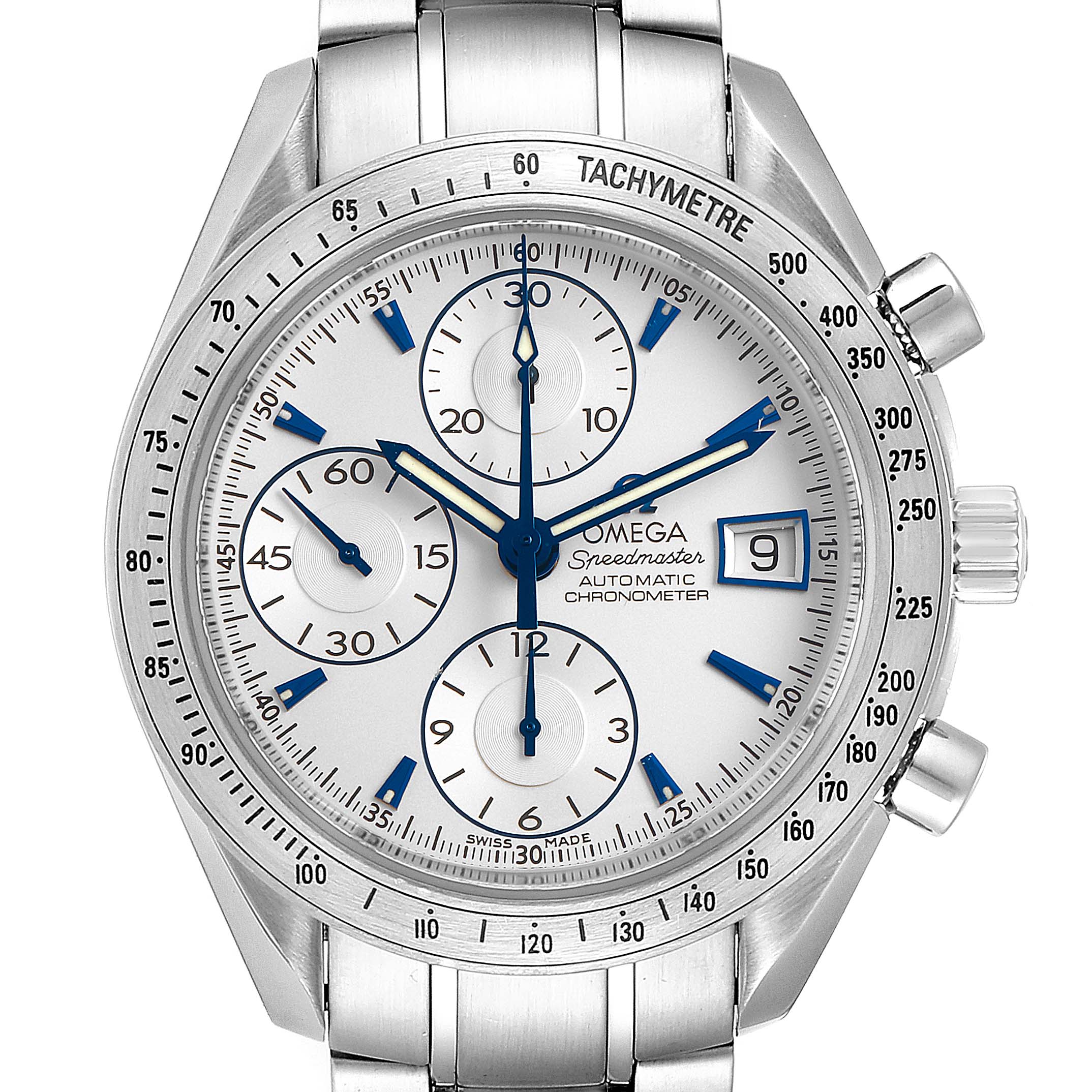 The image shows a front view of the Omega Speedmaster 3211.32.00 Men
s Stainless Steel Silver Dial 3211.32.00 Men
s Stainless Steel Silver Dial watch, highlighting the dial, subdials, tachymeter bezel, and stainless steel bracelet.