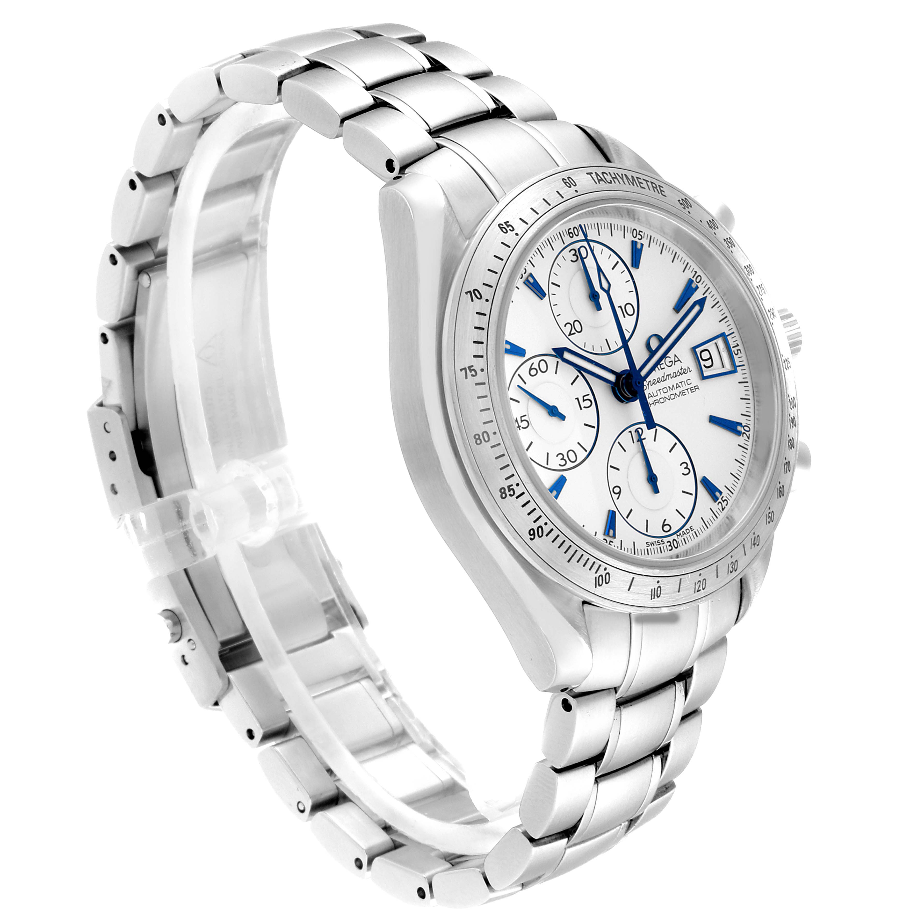 The image shows an Omega Speedmaster 3211.32.00 Men
s Stainless Steel Silver Dial 3211.32.00 Men
s Stainless Steel Silver Dial watch from a left-angle perspective, highlighting the dial, chronograph subdials, bracelet, and clasp.