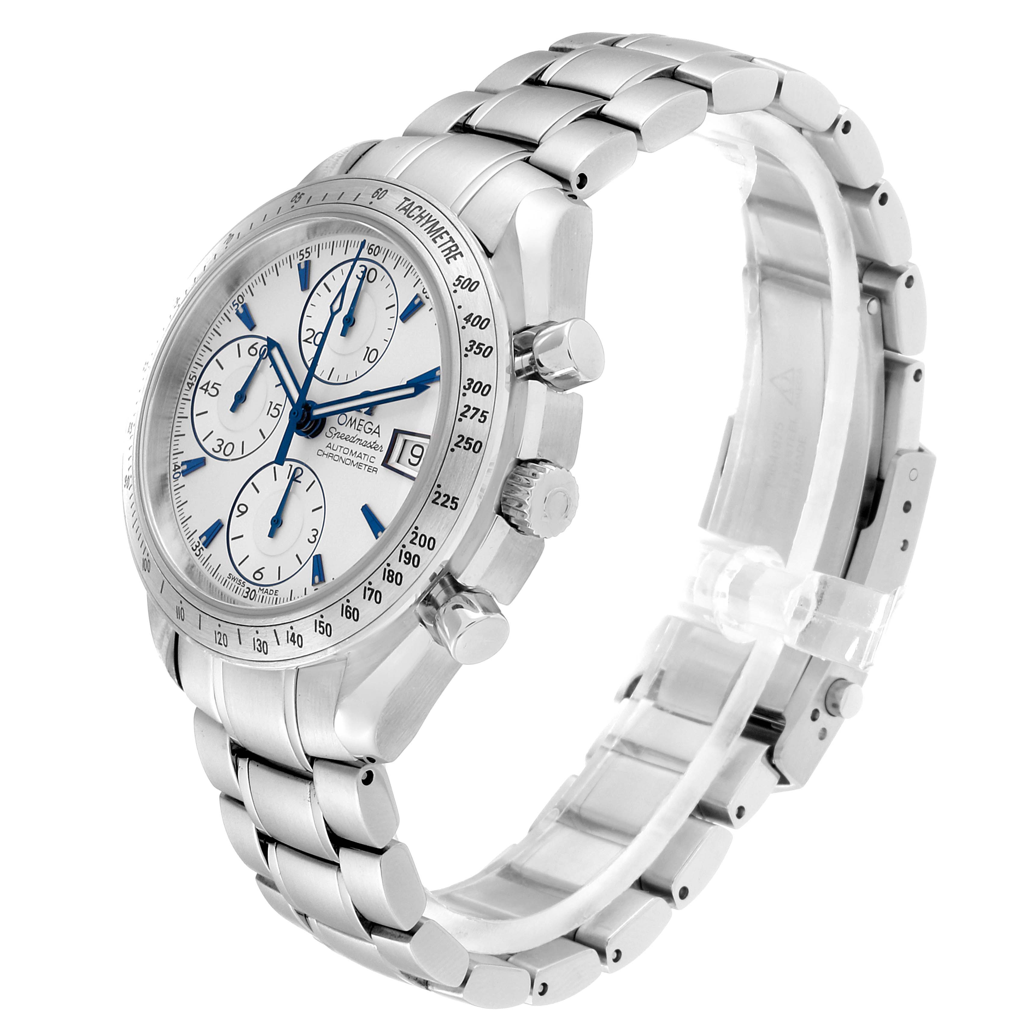 The image shows a side-angle view of the Omega Speedmaster 3211.32.00 Men
s Stainless Steel Silver Dial 3211.32.00 Men
s Stainless Steel Silver Dial watch, featuring the face, bezel, pushers, crown, and bracelet.