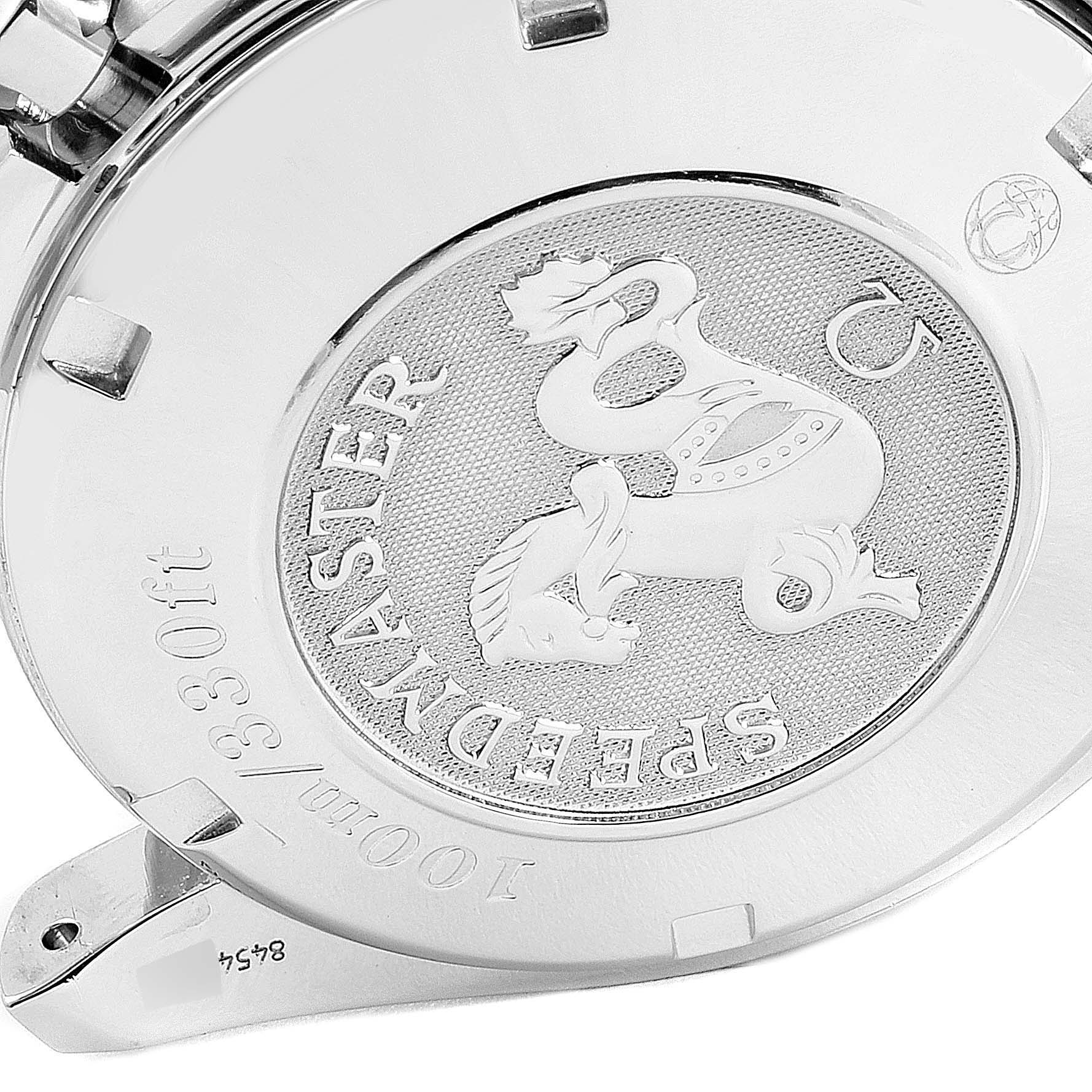 The image shows the case back of an Omega Speedmaster 3211.32.00 Men
s Stainless Steel Silver Dial 3211.32.00 Men
s Stainless Steel Silver Dial watch, featuring the engraved logo and water resistance details.