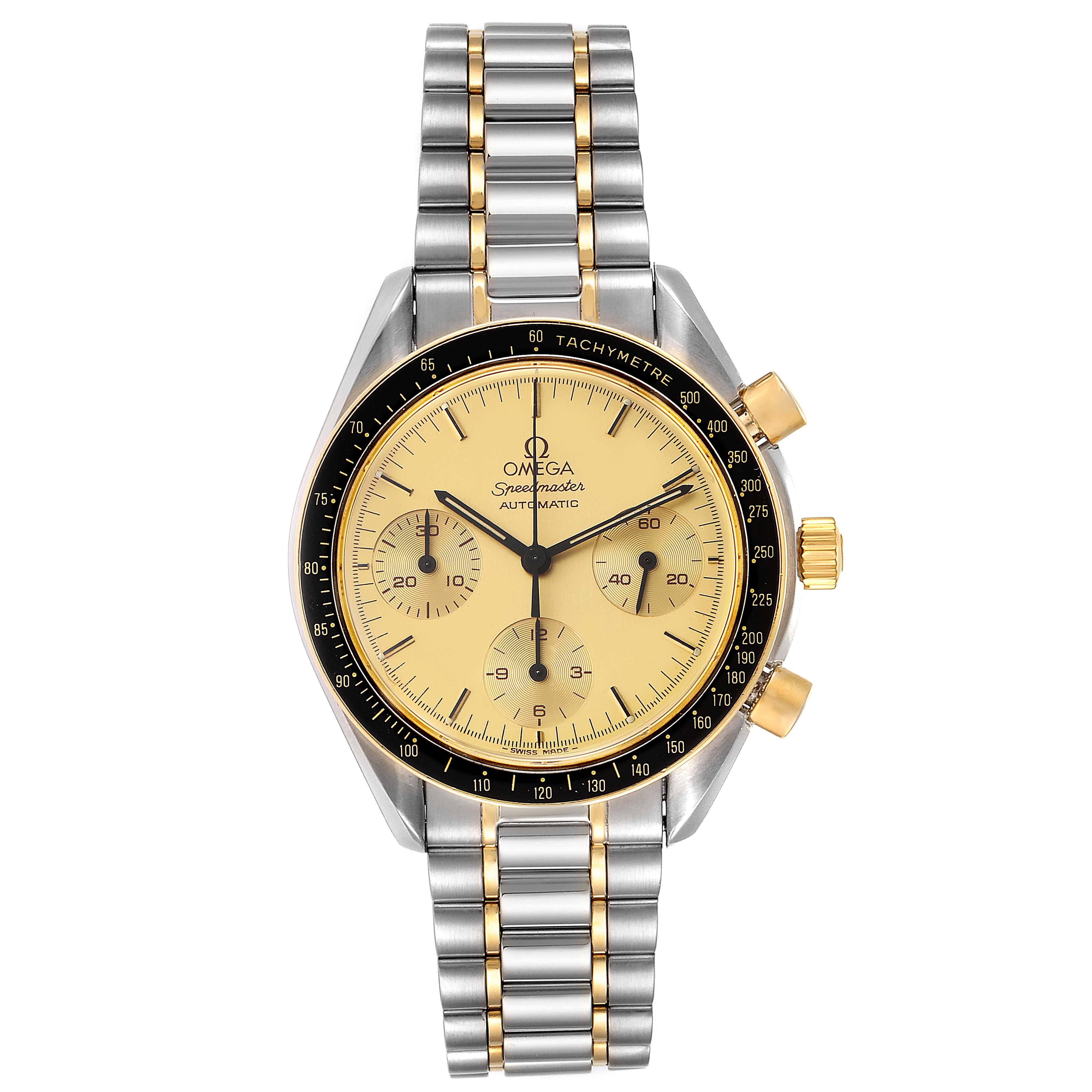 The image shows a frontal view of the Omega Speedmaster 3310.10.00 Men's Steel and Gold (two tone) Champagne Dial 3310.10.00 Men's Steel and Gold (two tone) Champagne Dial watch with its dial, bezel, and dual-tone bracelet clearly visible.