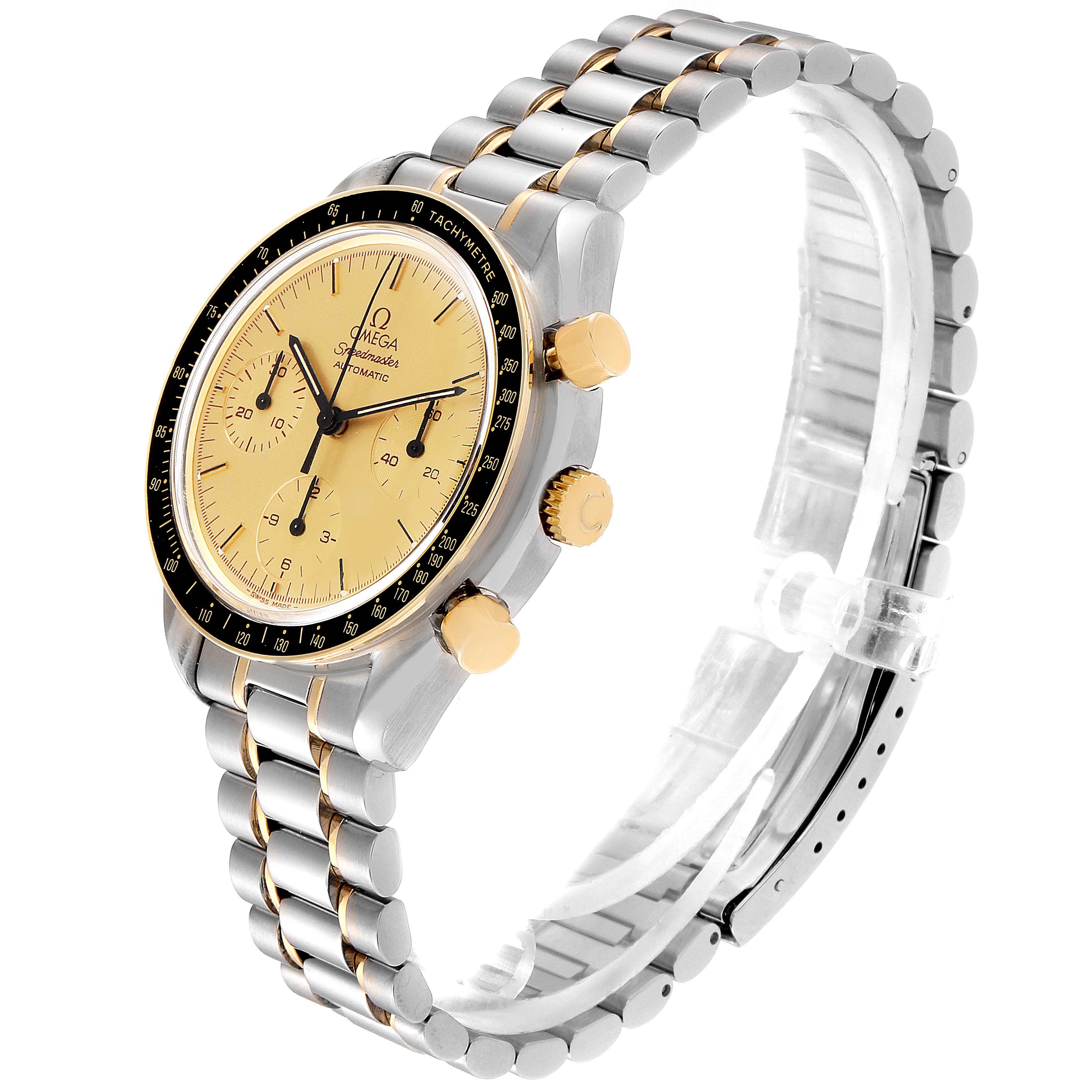 The image shows a side-angle view of an Omega Speedmaster 3310.10.00 Men's Steel and Gold (two tone) Champagne Dial 3310.10.00 Men's Steel and Gold (two tone) Champagne Dial watch, highlighting its gold dial, bezel, and two-tone bracelet.