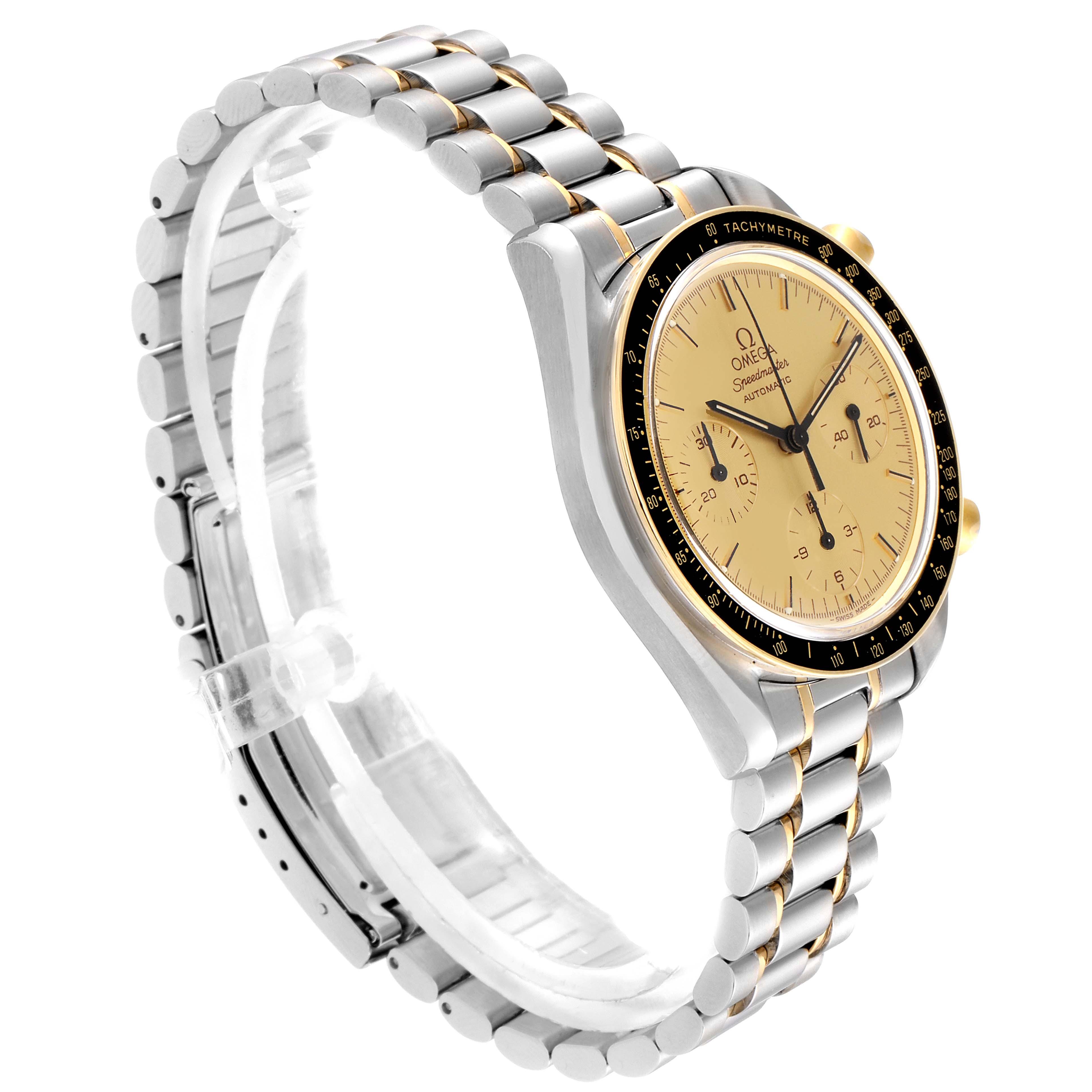 The Omega Speedmaster 3310.10.00 Men's Steel and Gold (two tone) Champagne Dial 3310.10.00 Men's Steel and Gold (two tone) Champagne Dial watch is shown at an angle displaying the face, bezel, and part of the bracelet.